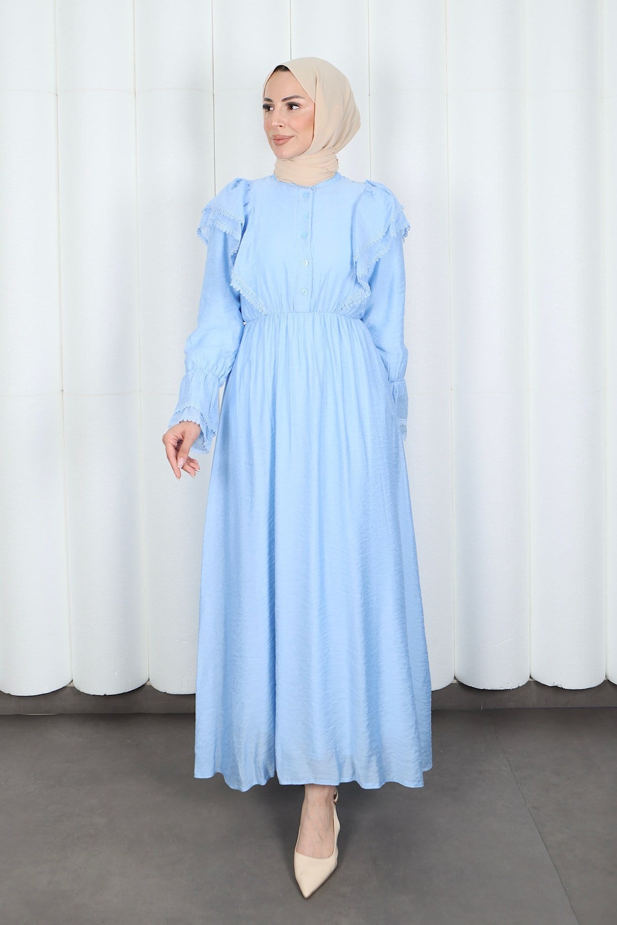 Fırfır Dantelli  Modal Astarlı Tül Elbise Bebe Mavisi  HNT8618