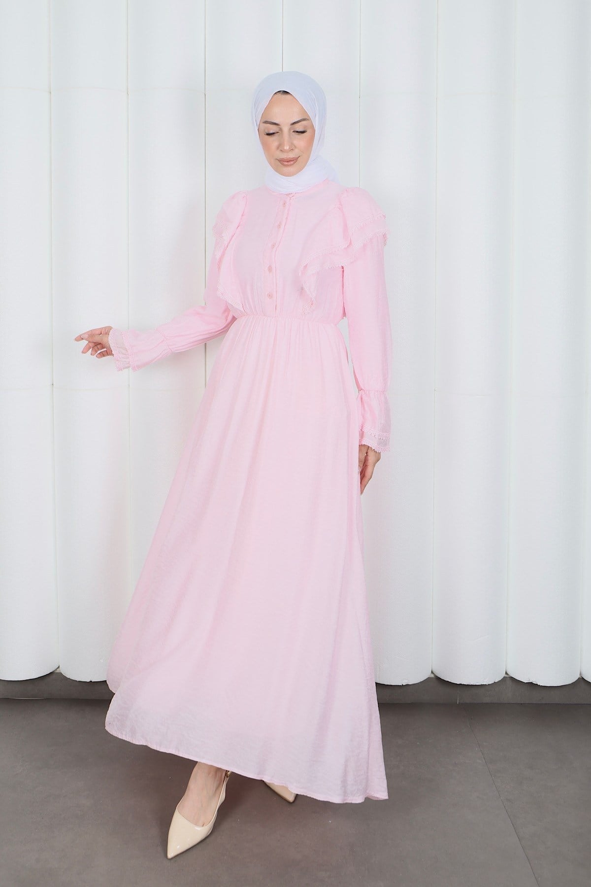 Fırfır Dantelli  Modal Astarlı Tül Elbise Pembe  HNT8618