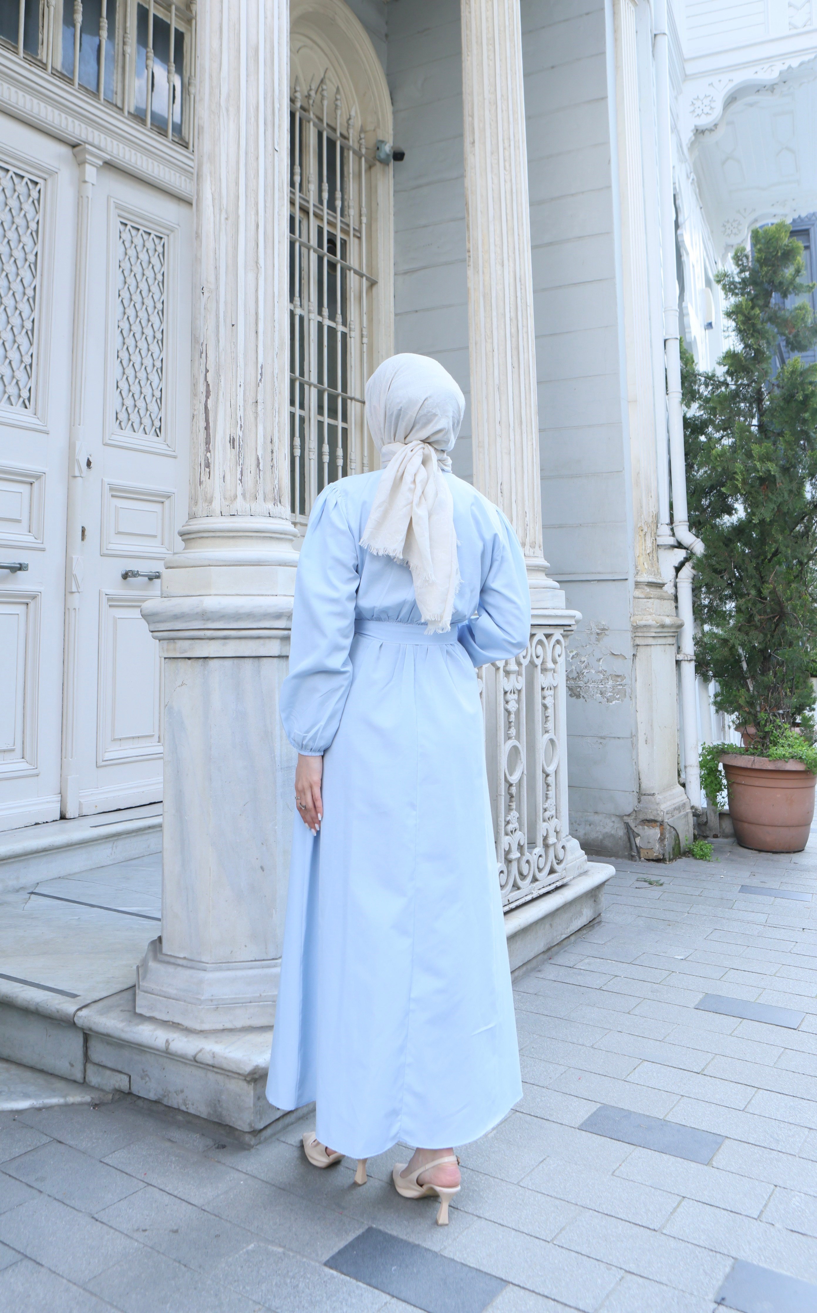 Fırfır Detaylı Kuşaklı Terikoton Elbise Bebe Mavisi    HNT0313