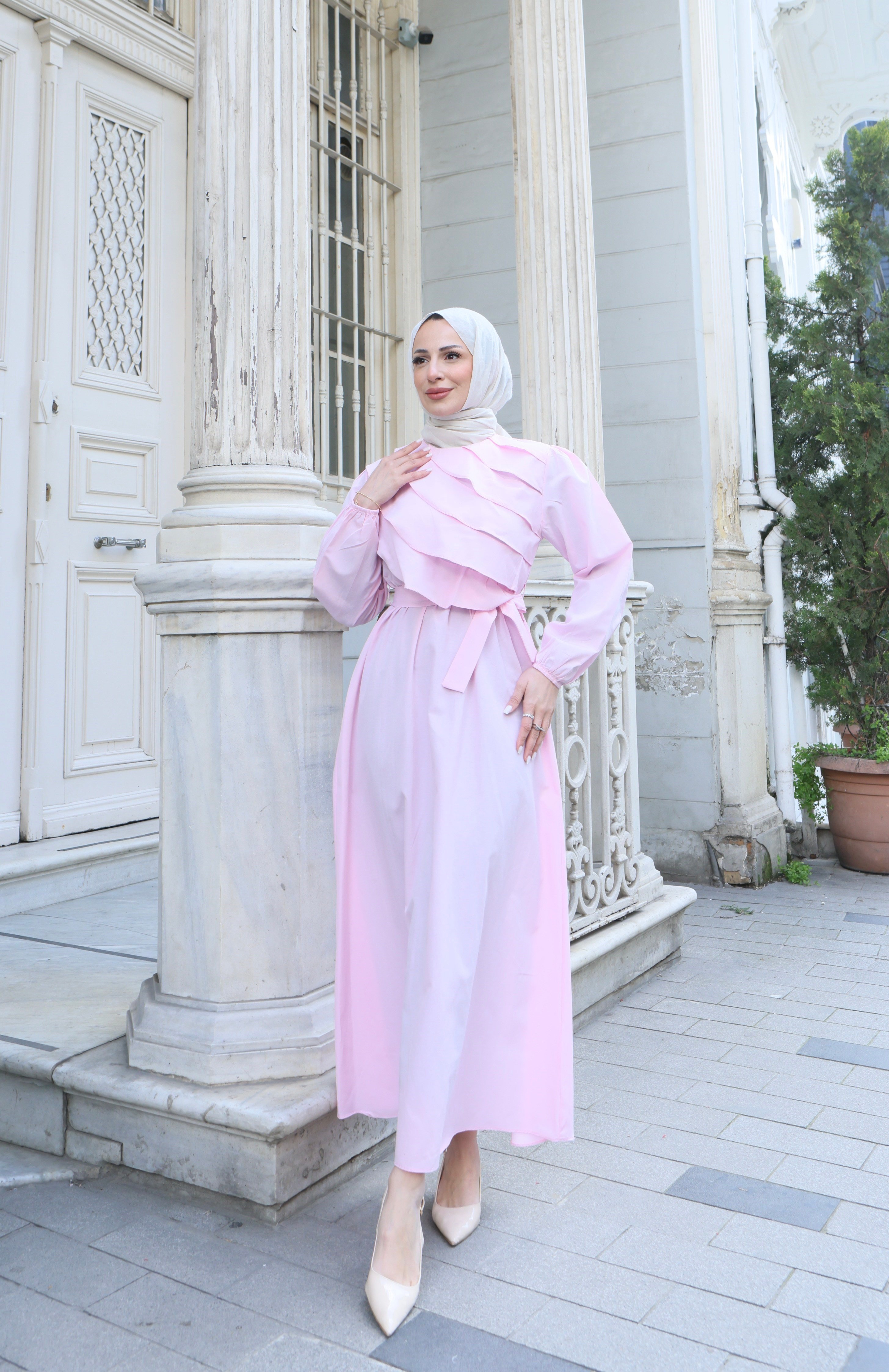 Fırfır Detaylı Kuşaklı Terikoton Elbise Pembe    HNT0313