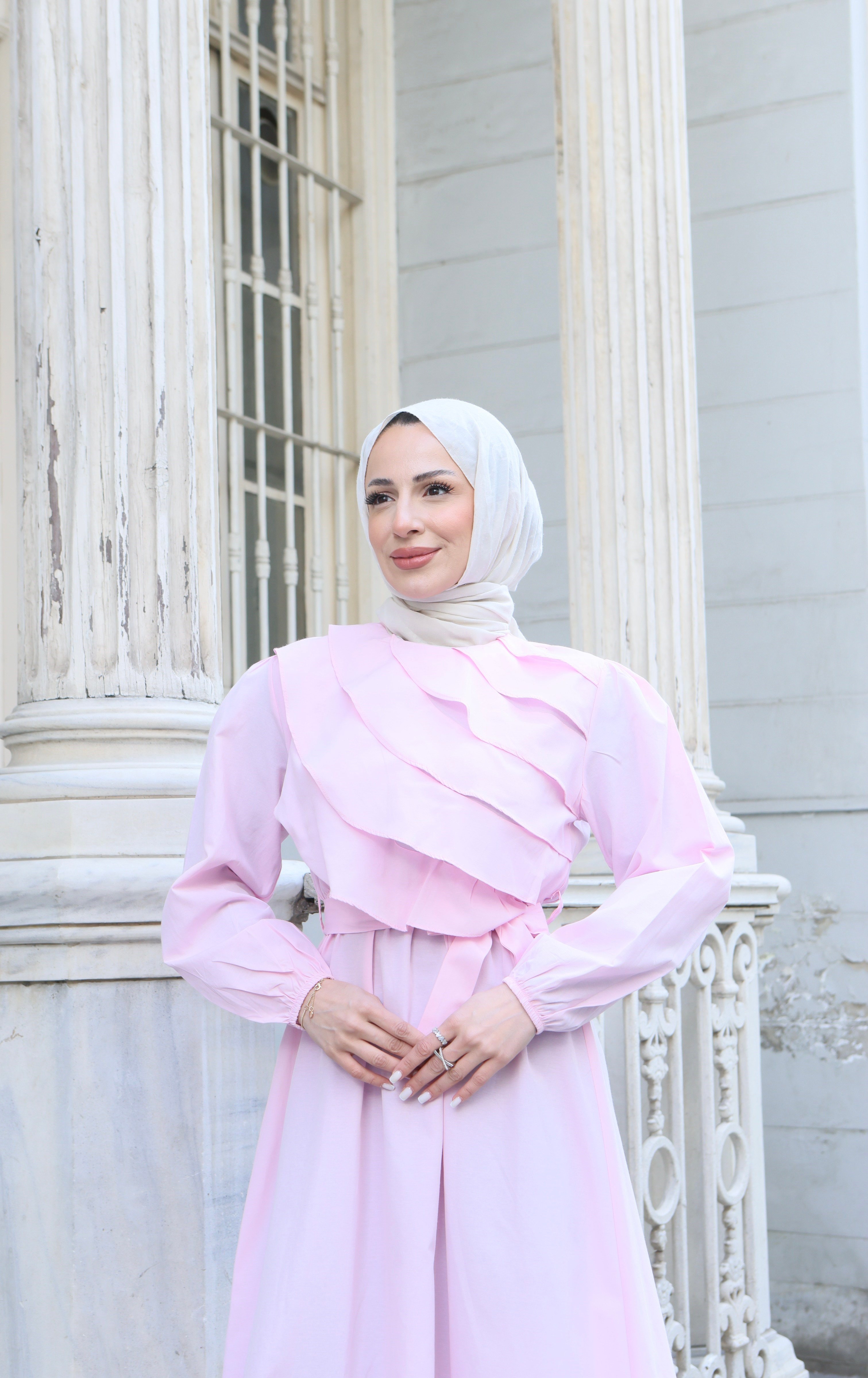 Fırfır Detaylı Kuşaklı Terikoton Elbise Pembe    HNT0313