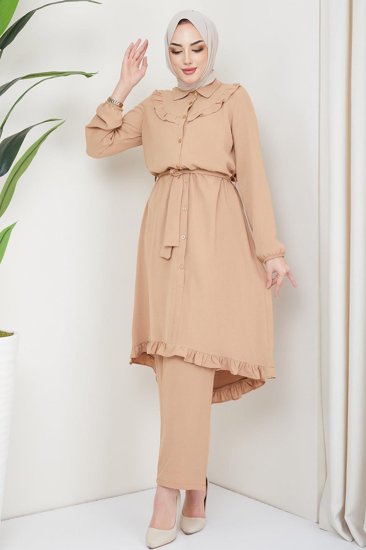 Fırfırlı Tunik Pantolon İkili Takım Bej HM2262