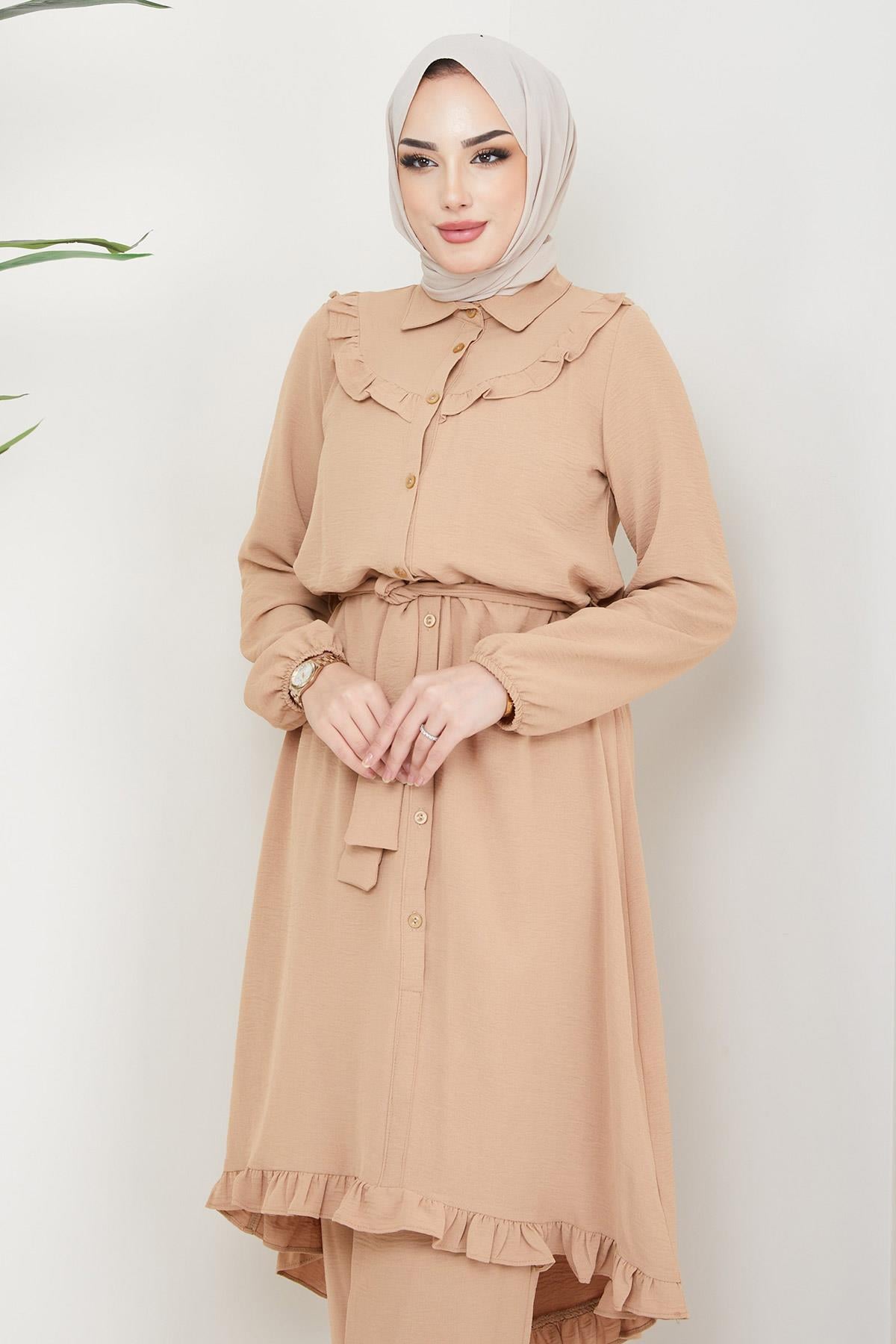 Fırfırlı Tunik Pantolon İkili Takım Bej HM2262