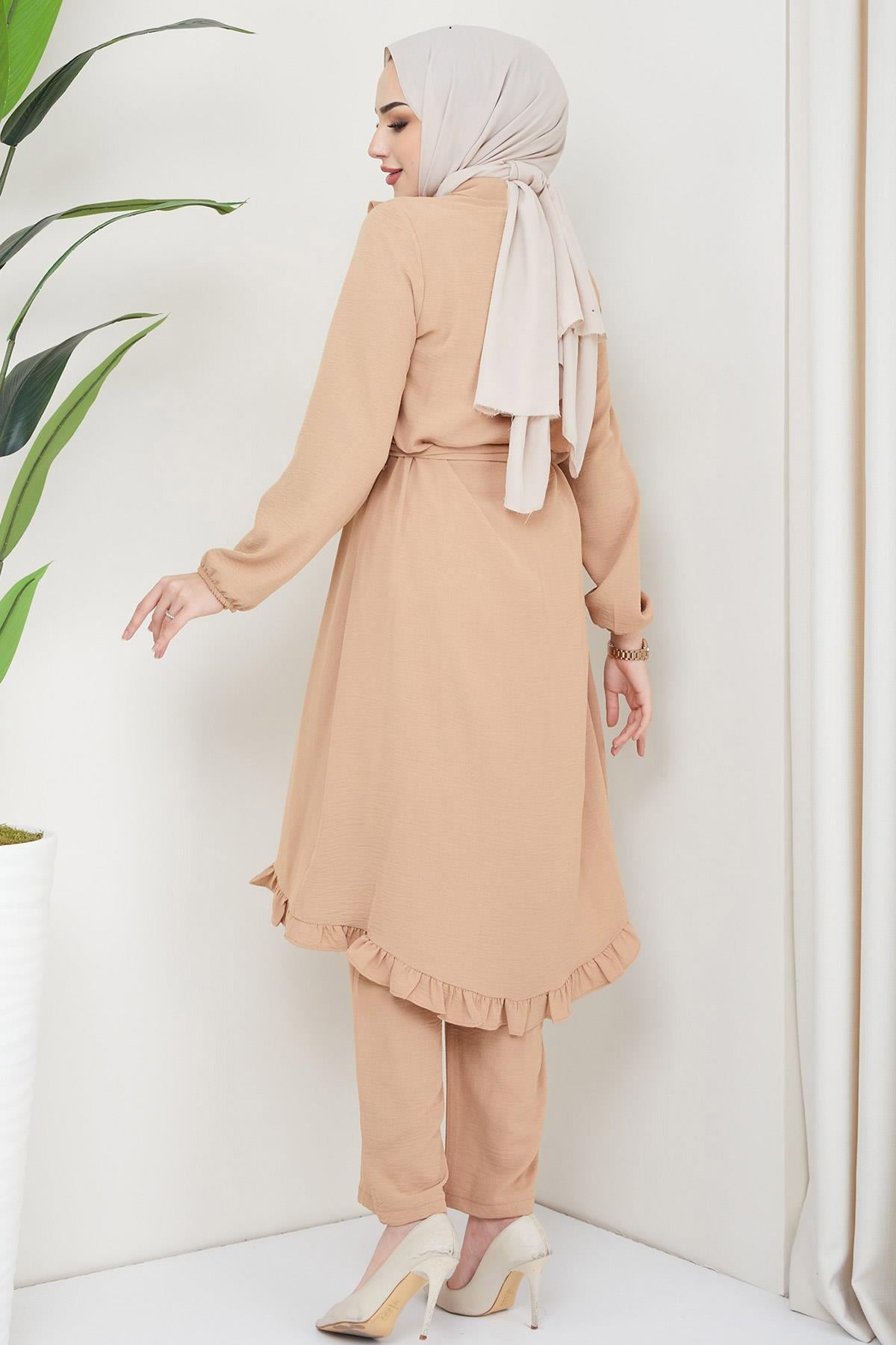 Fırfırlı Tunik Pantolon İkili Takım Bej HM2262