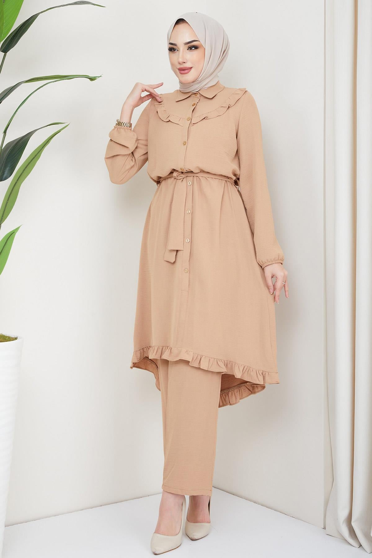 Fırfırlı Tunik Pantolon İkili Takım Bej HM2262