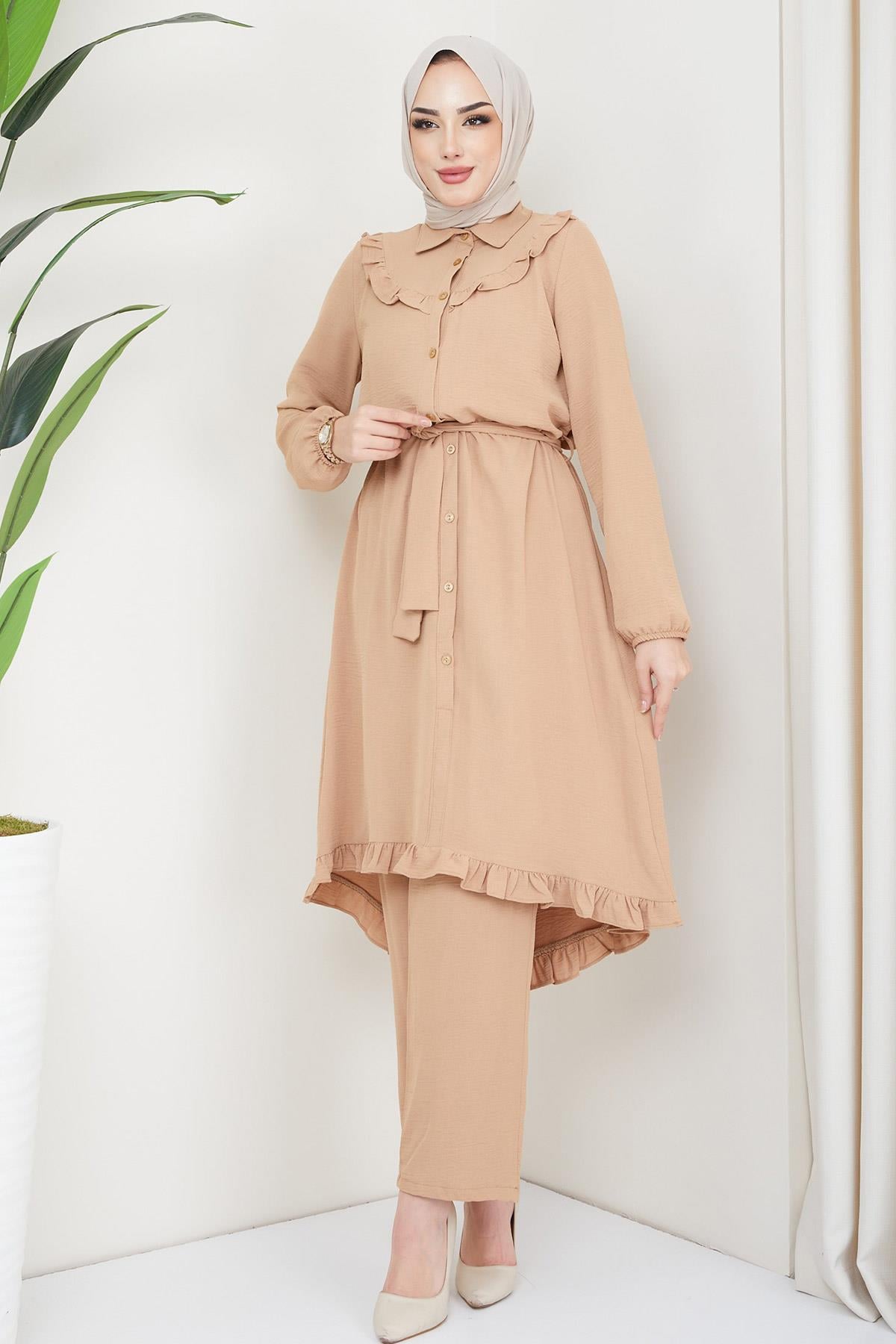 Fırfırlı Tunik Pantolon İkili Takım Bej HM2262