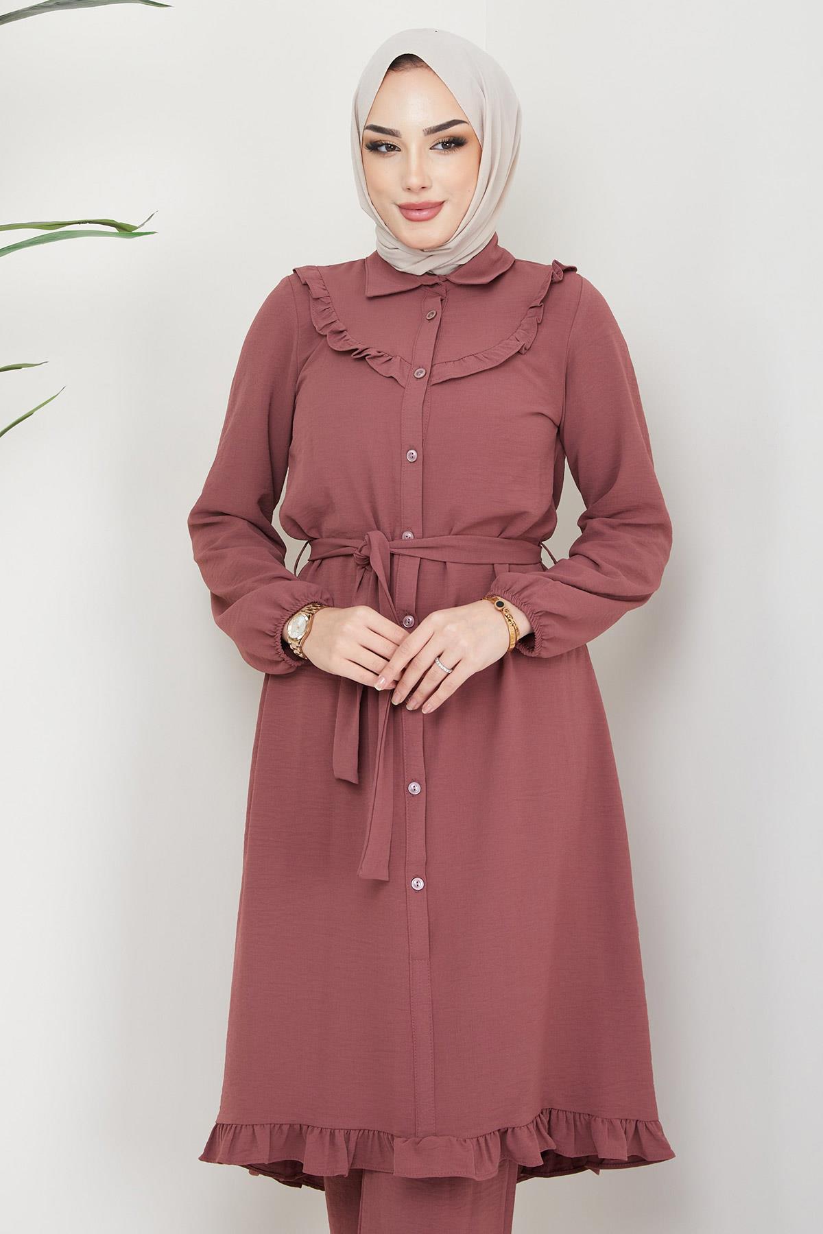 Fırfırlı Tunik Pantolon İkili Takım Gül Kurusu HM2262