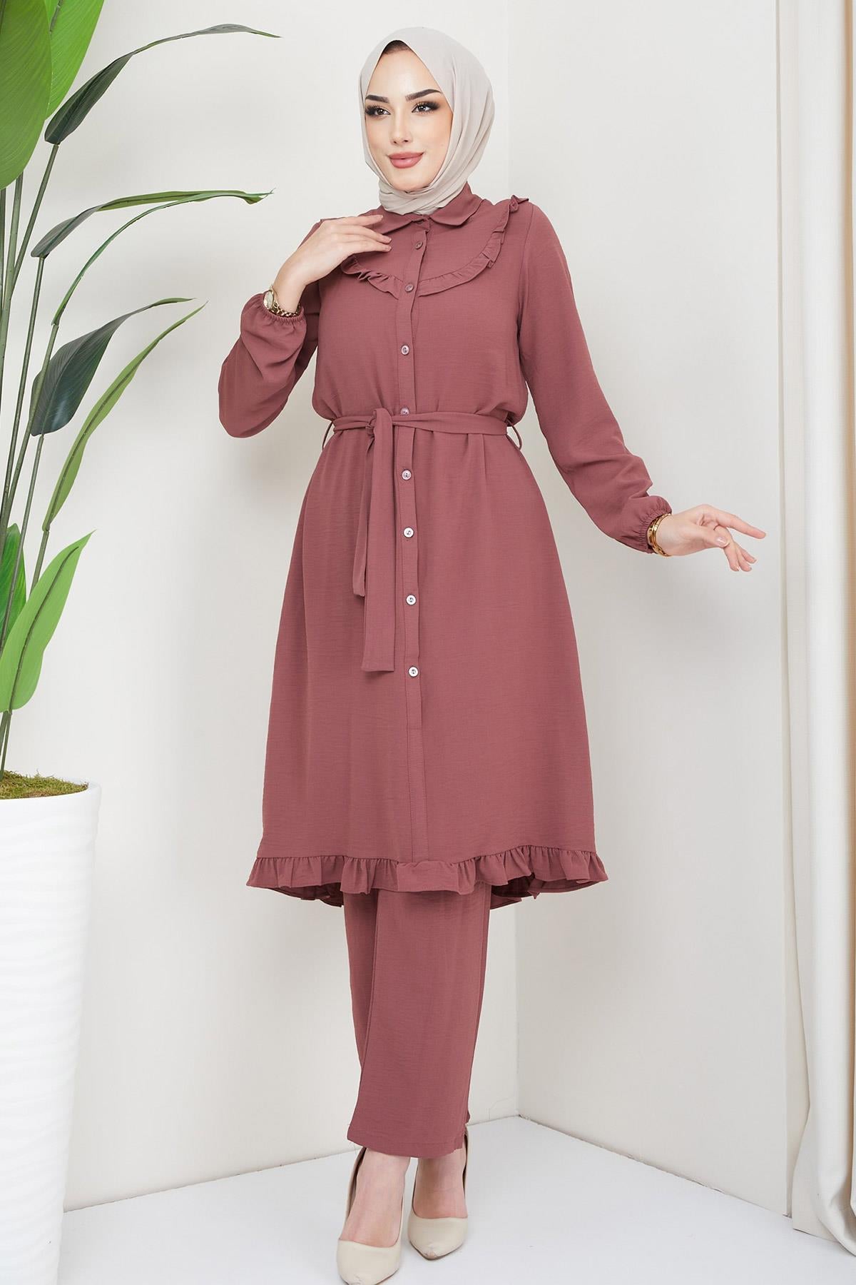 Fırfırlı Tunik Pantolon İkili Takım Gül Kurusu HM2262