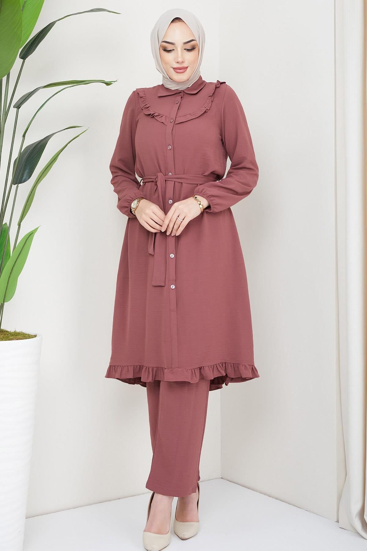 Fırfırlı Tunik Pantolon İkili Takım Gül Kurusu HM2262