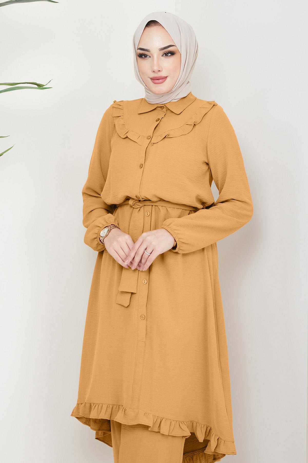 Fırfırlı Tunik Pantolon İkili Takım Hardal HM2262
