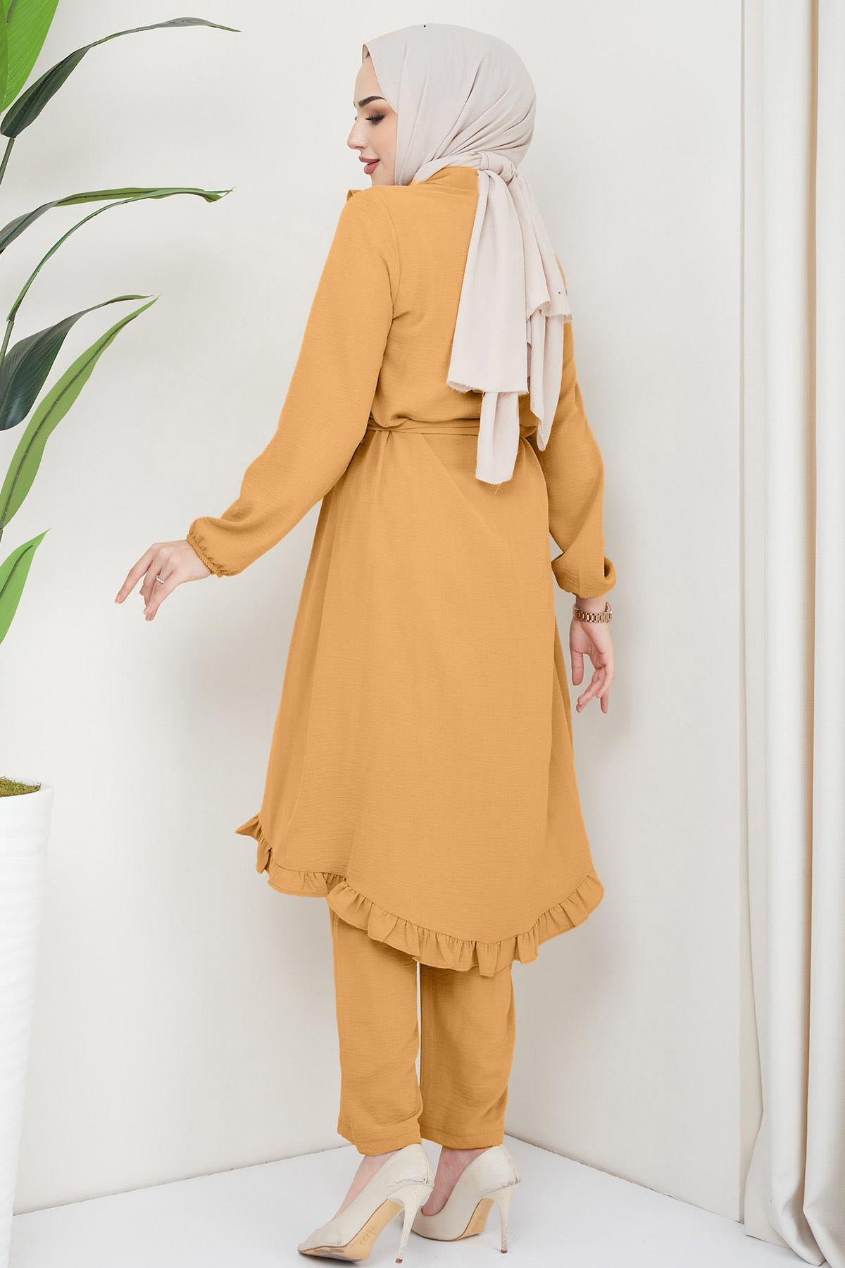 Fırfırlı Tunik Pantolon İkili Takım Hardal HM2262