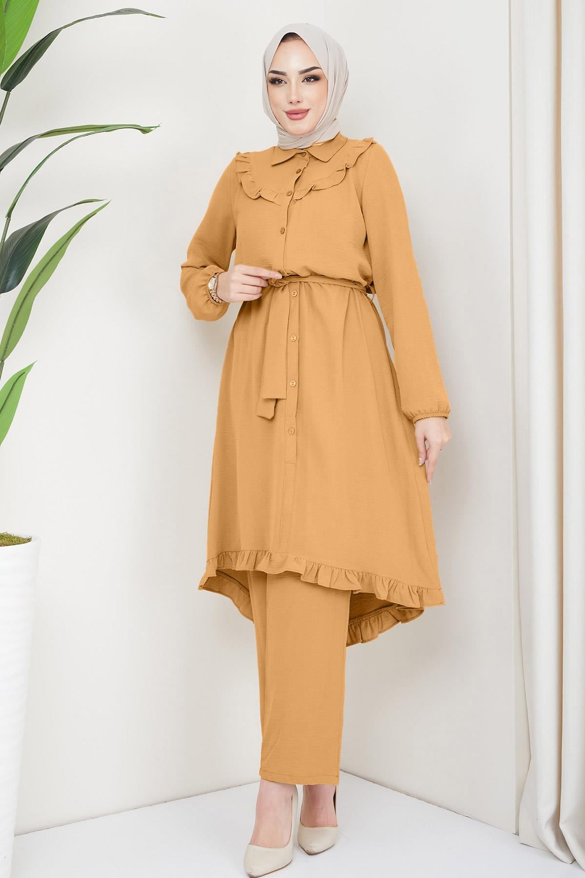 Fırfırlı Tunik Pantolon İkili Takım Hardal HM2262