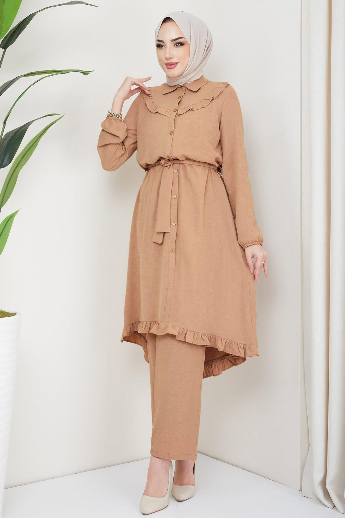 Fırfırlı Tunik Pantolon İkili Takım Taba HM2262