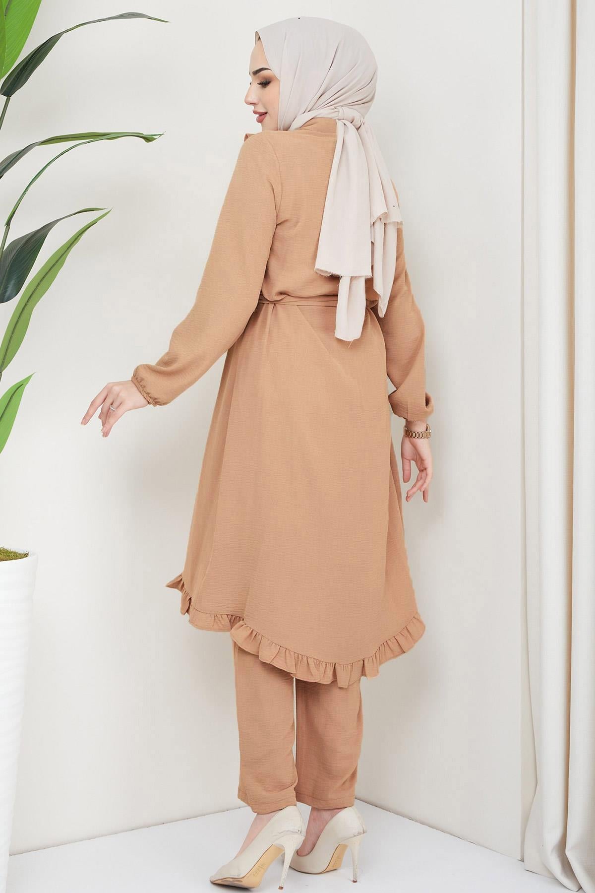 Fırfırlı Tunik Pantolon İkili Takım Taba HM2262