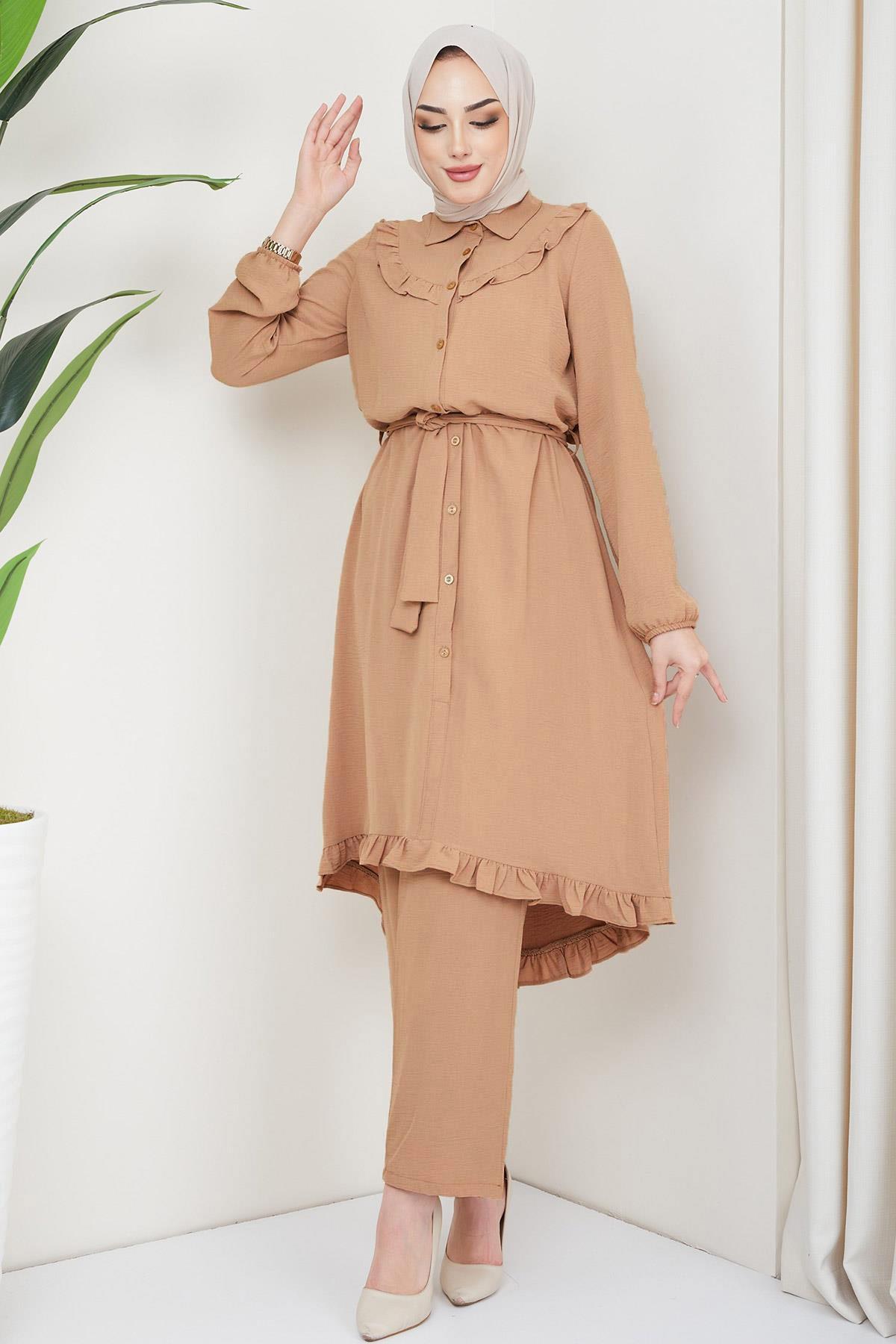 Fırfırlı Tunik Pantolon İkili Takım Taba HM2262