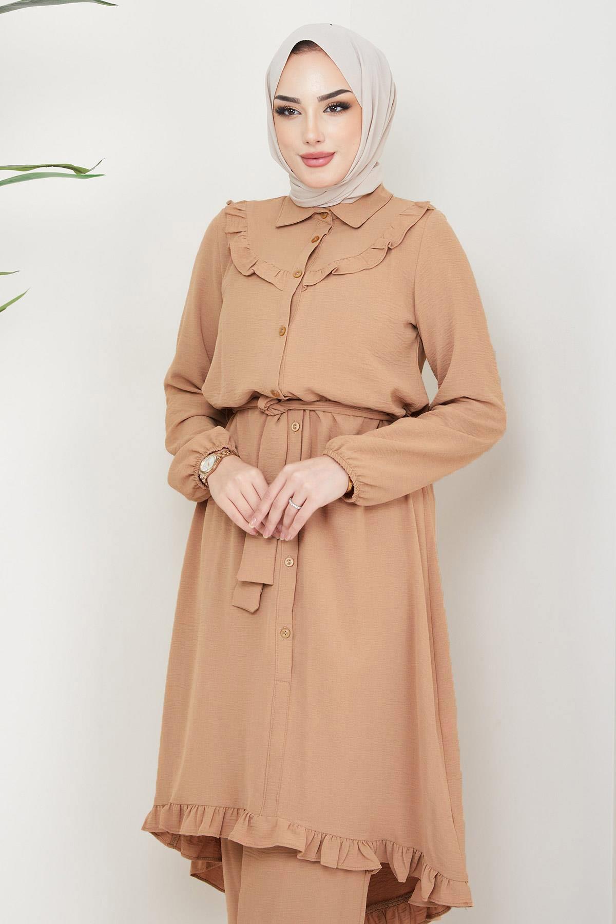 Fırfırlı Tunik Pantolon İkili Takım Taba HM2262