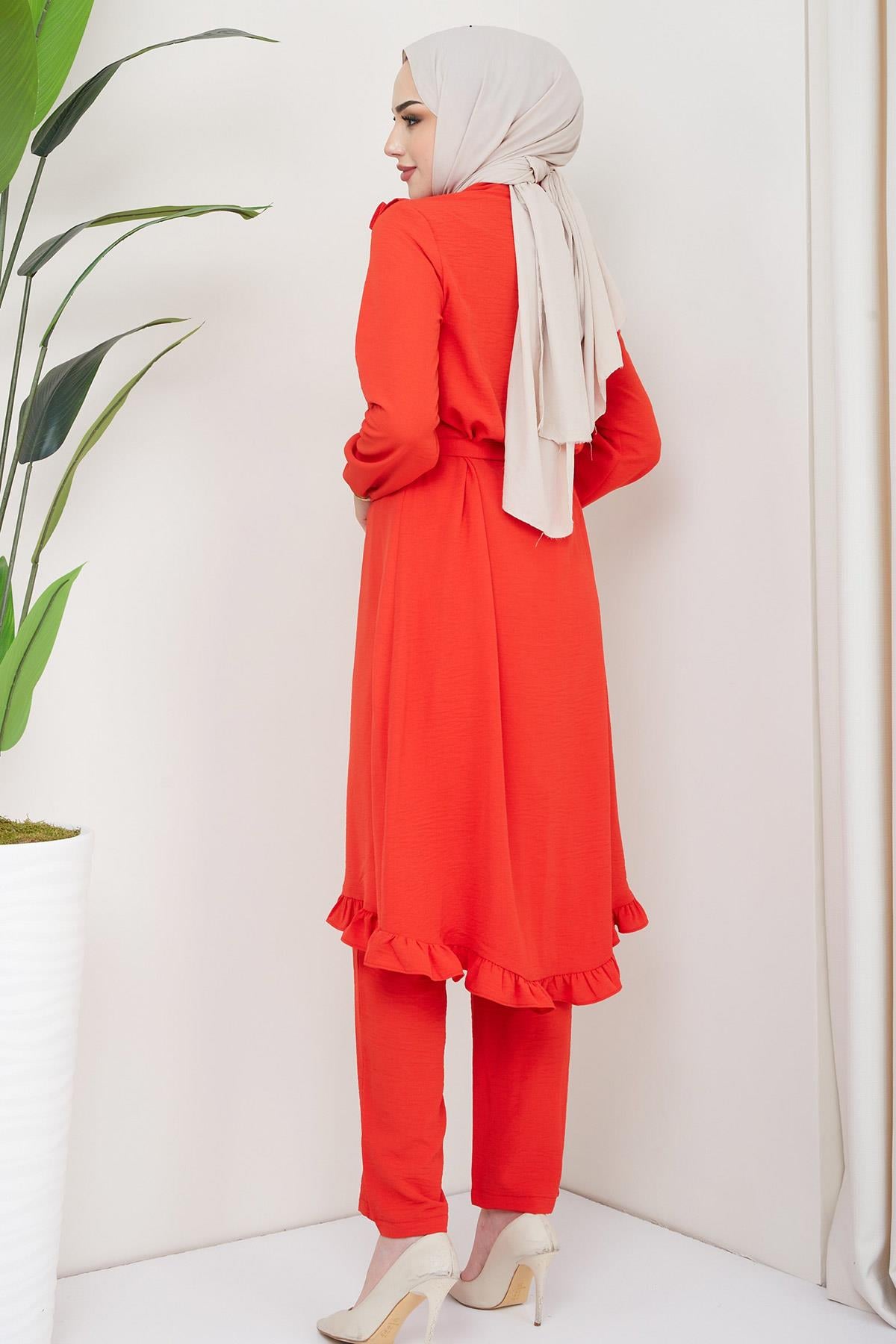 Fırfırlı Tunik Pantolon İkili Takım Turuncu HM2262