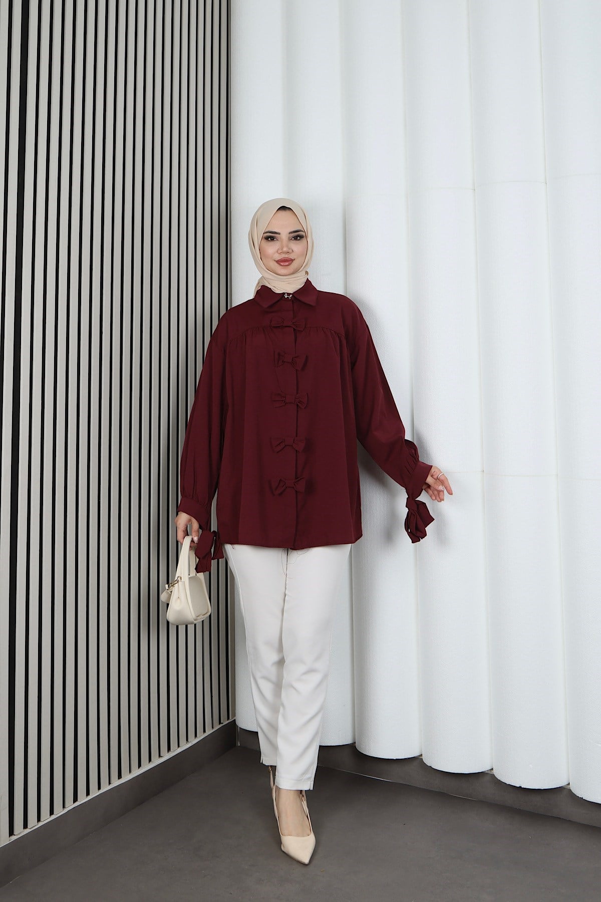 Fiyonk Detaylı Büzgülü Balon Kol Tunik Bordo   HNT2128
