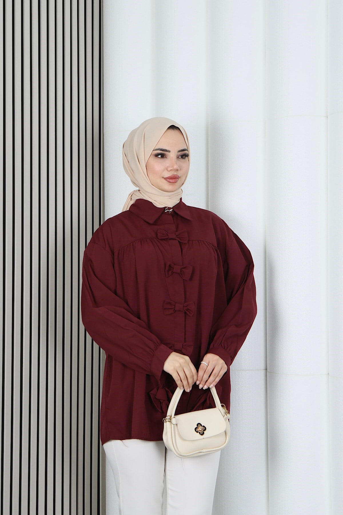 Fiyonk Detaylı Büzgülü Balon Kol Tunik Bordo   HNT2128