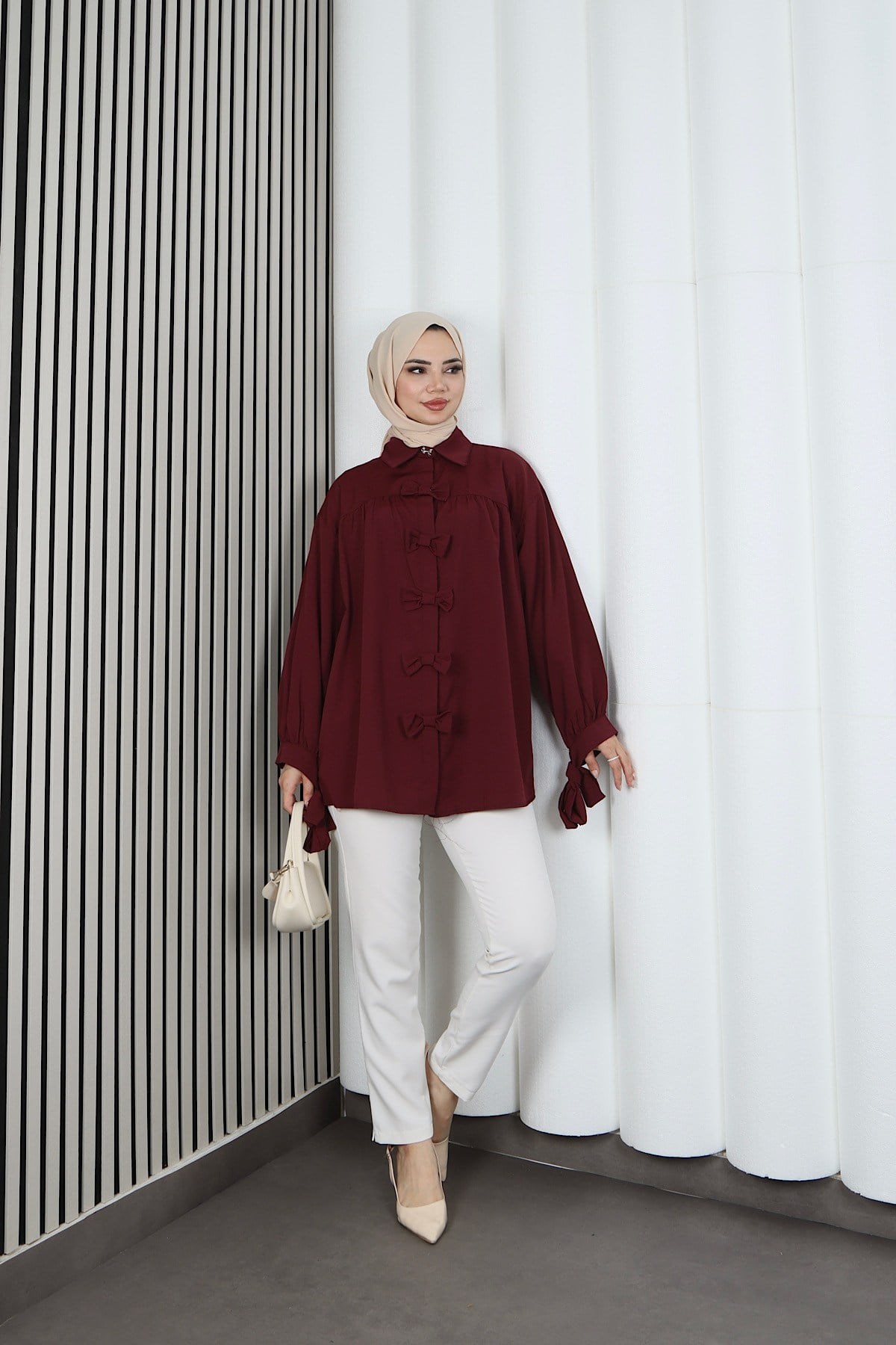 Fiyonk Detaylı Büzgülü Balon Kol Tunik Bordo   HNT2128