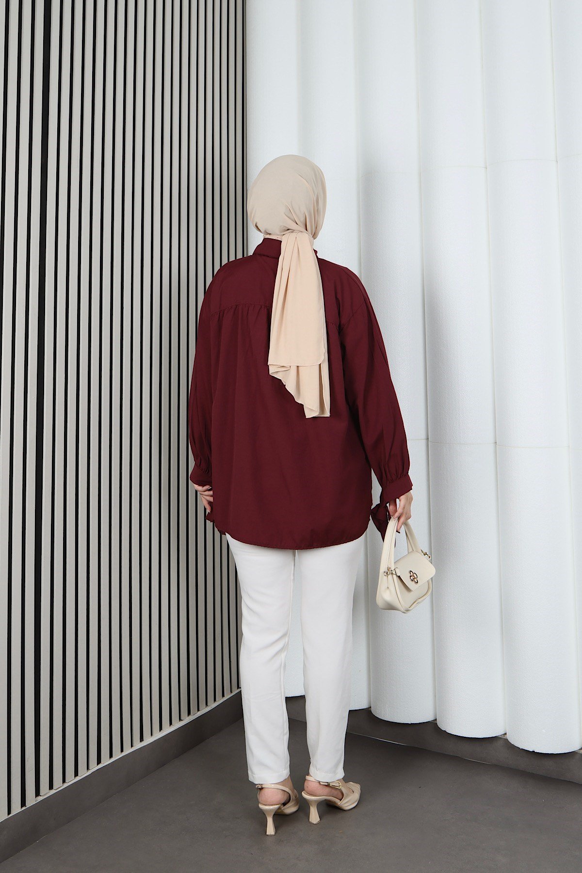 Fiyonk Detaylı Büzgülü Balon Kol Tunik Bordo   HNT2128