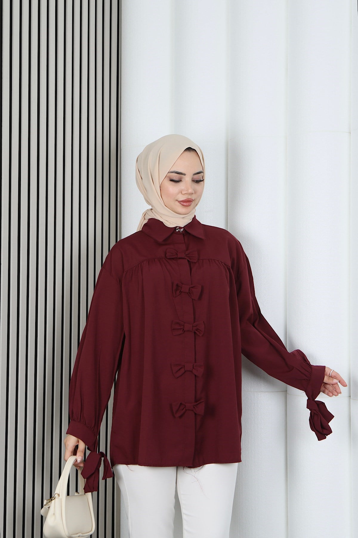 Fiyonk Detaylı Büzgülü Balon Kol Tunik Bordo   HNT2128