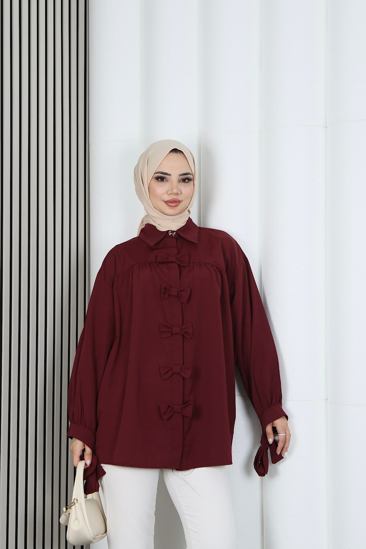 Fiyonk Detaylı Büzgülü Balon Kol Tunik Bordo   HNT2128