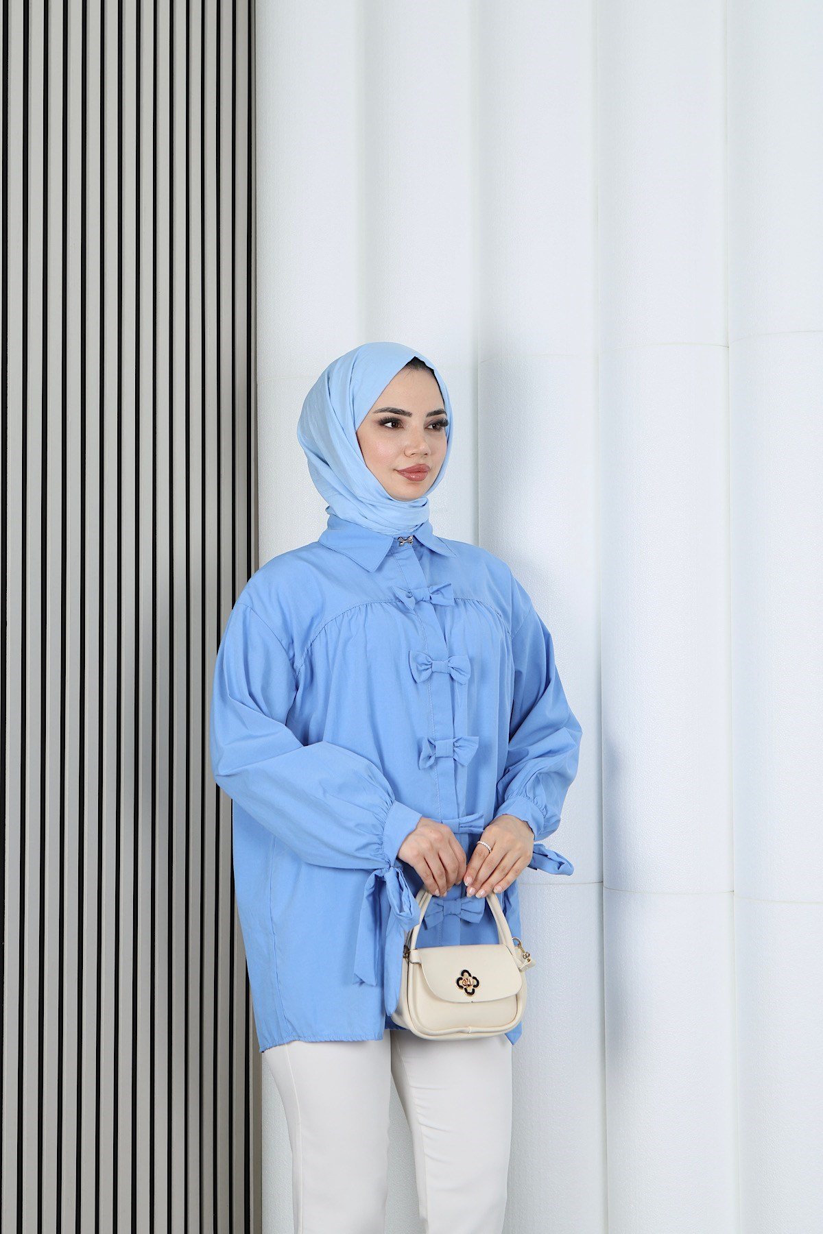Fiyonk Detaylı Büzgülü Balon Kol Tunik Bebe Mavisi    HNT2128