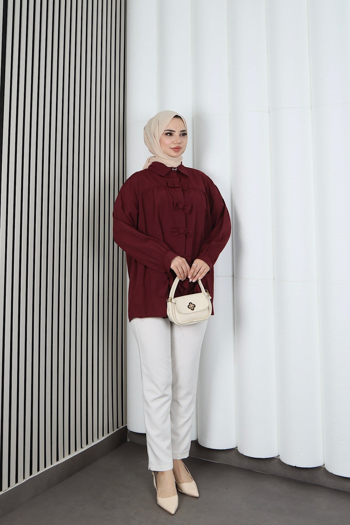 Fiyonk Detaylı Büzgülü Balon Kol Tunik Bordo   HNT2128