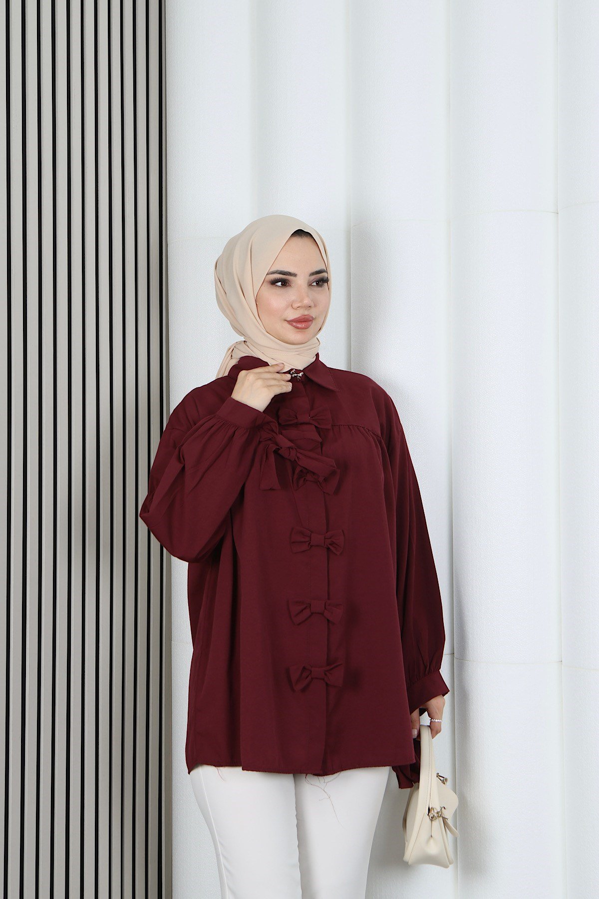 Fiyonk Detaylı Büzgülü Balon Kol Tunik Bordo   HNT2128