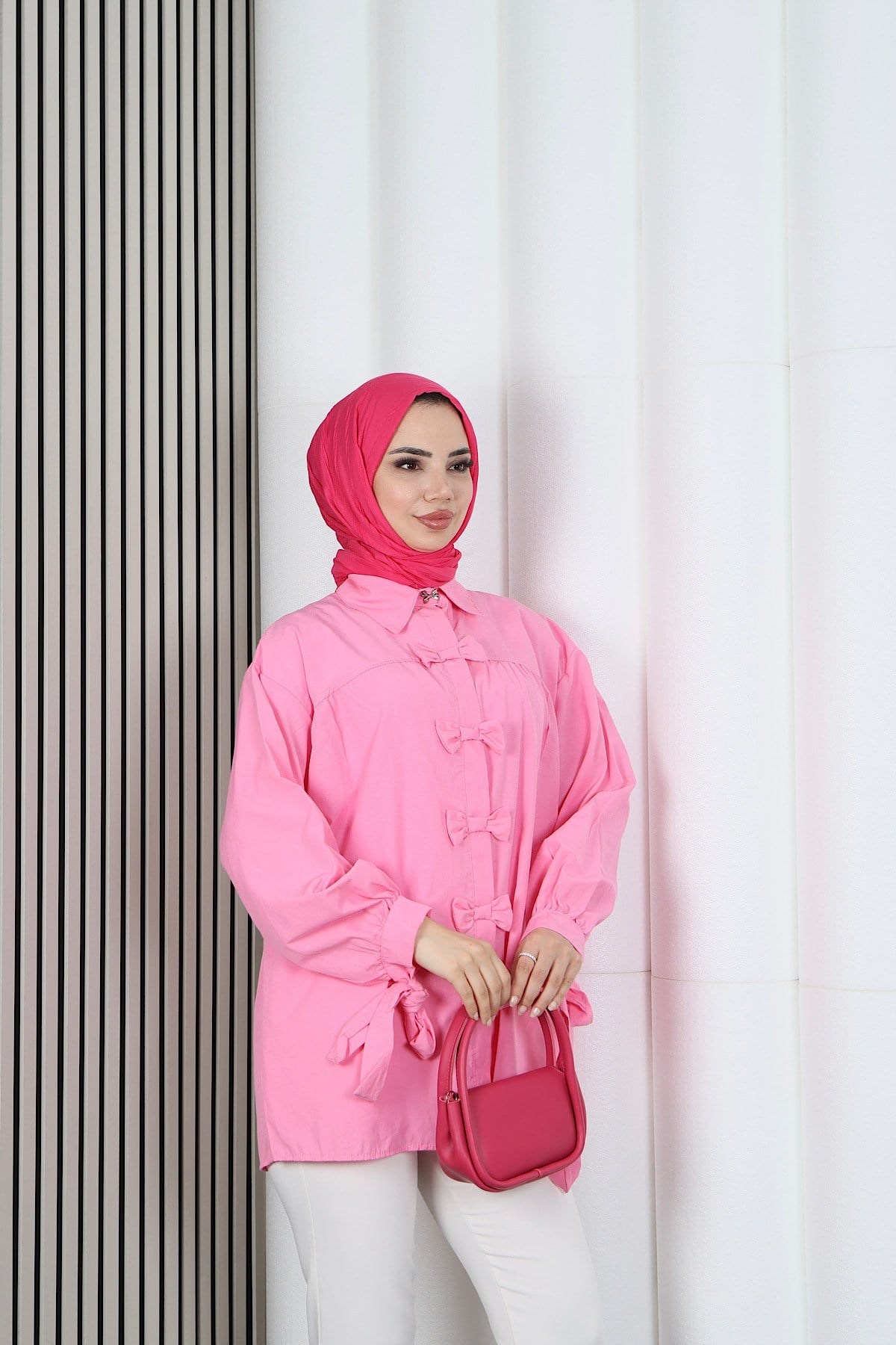Fiyonk Detaylı Büzgülü Balon Kol Tunik Pembe   HNT2128
