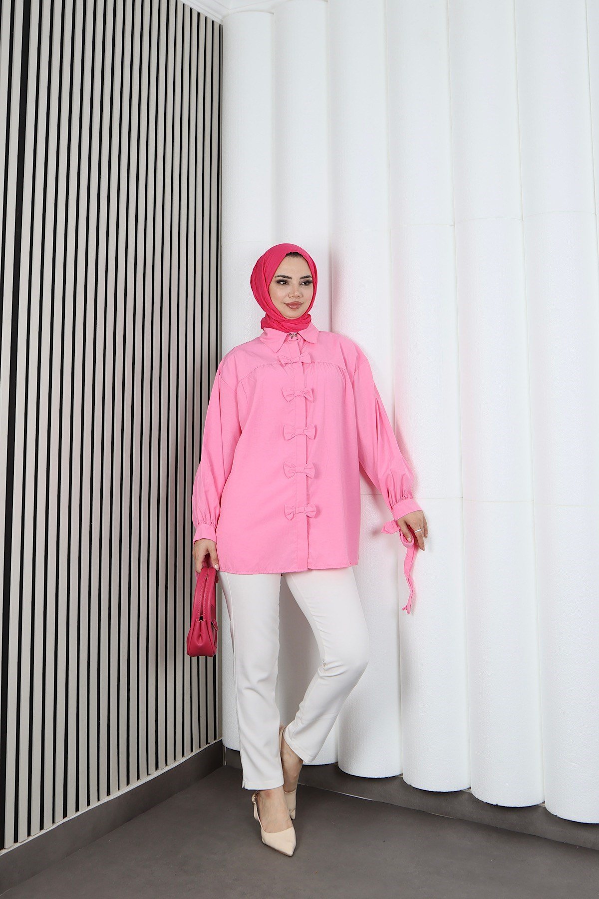 Fiyonk Detaylı Büzgülü Balon Kol Tunik Pembe   HNT2128