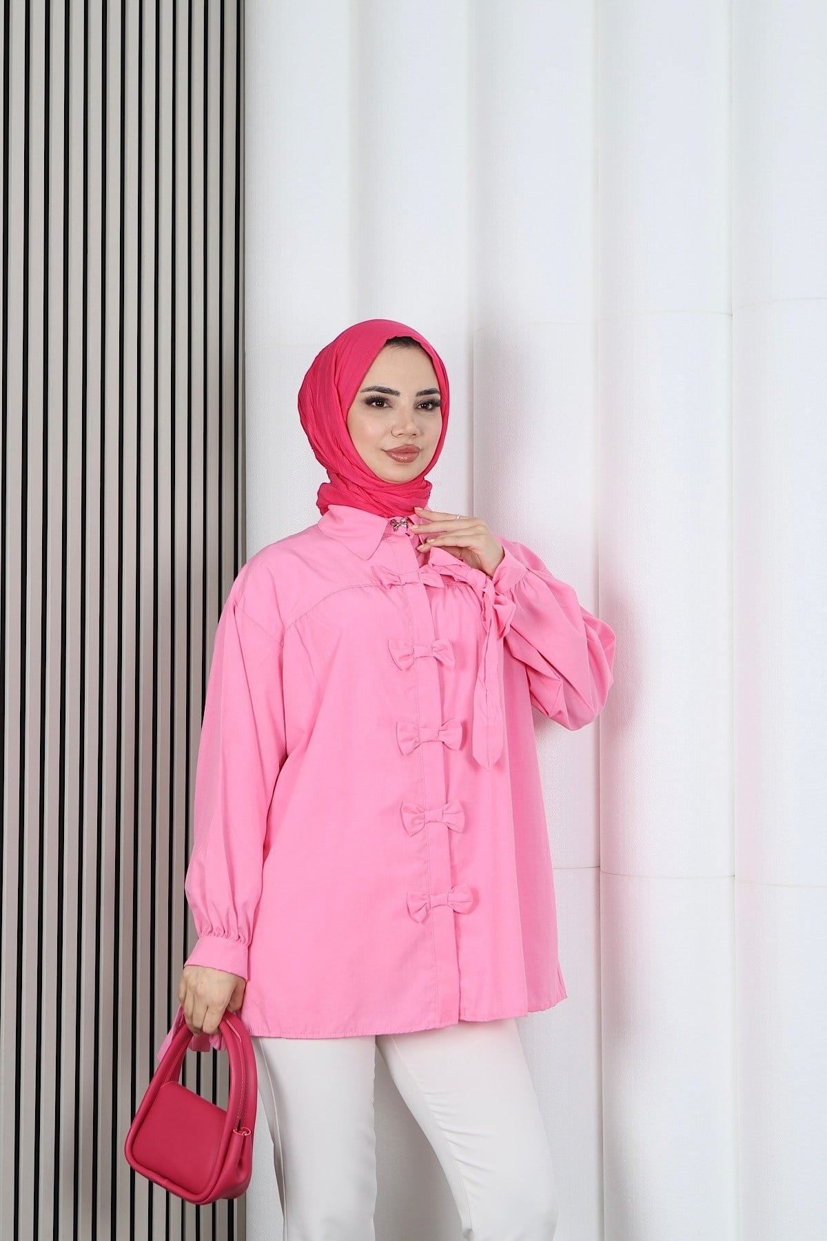 Fiyonk Detaylı Büzgülü Balon Kol Tunik Pembe   HNT2128
