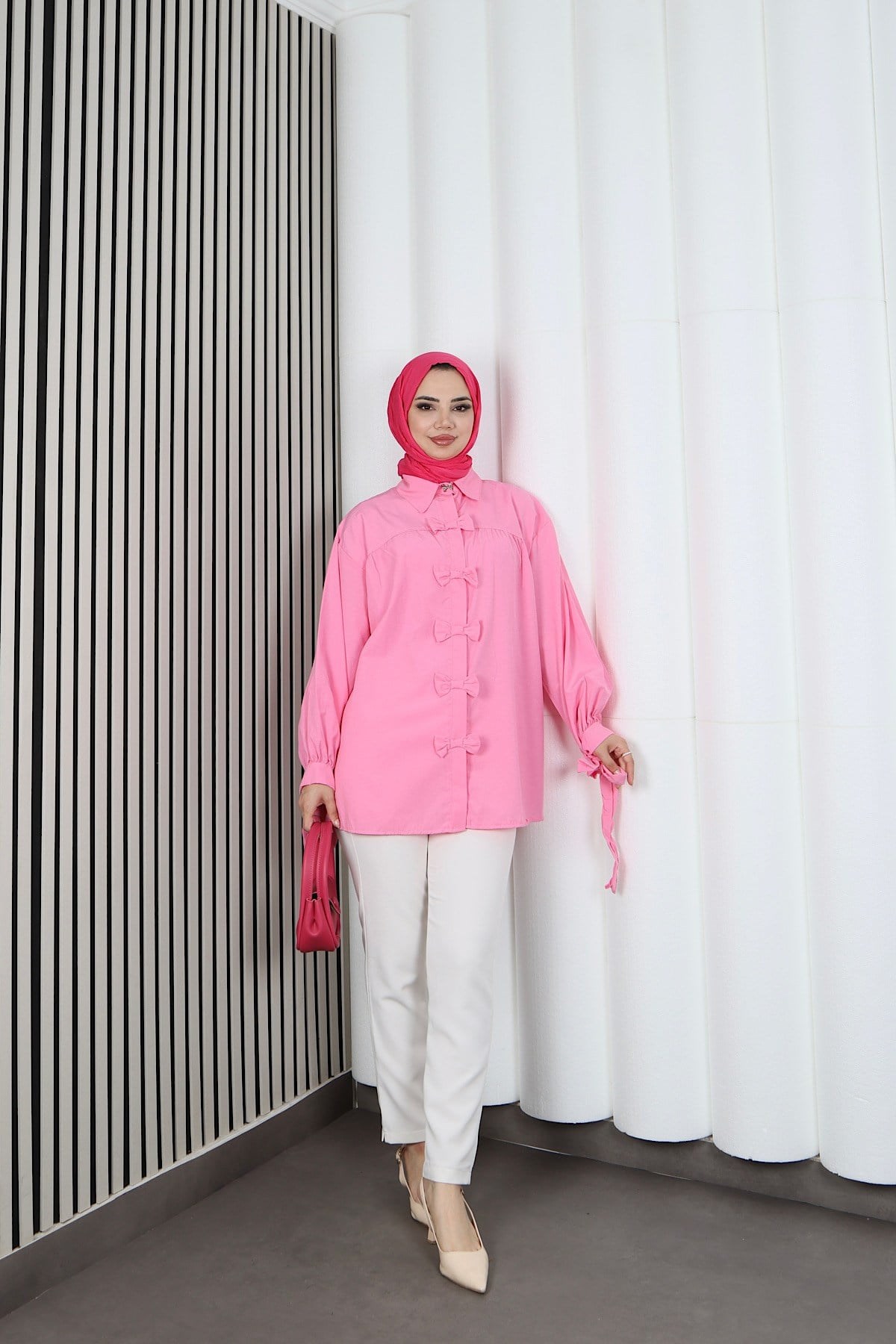 Fiyonk Detaylı Büzgülü Balon Kol Tunik Pembe   HNT2128