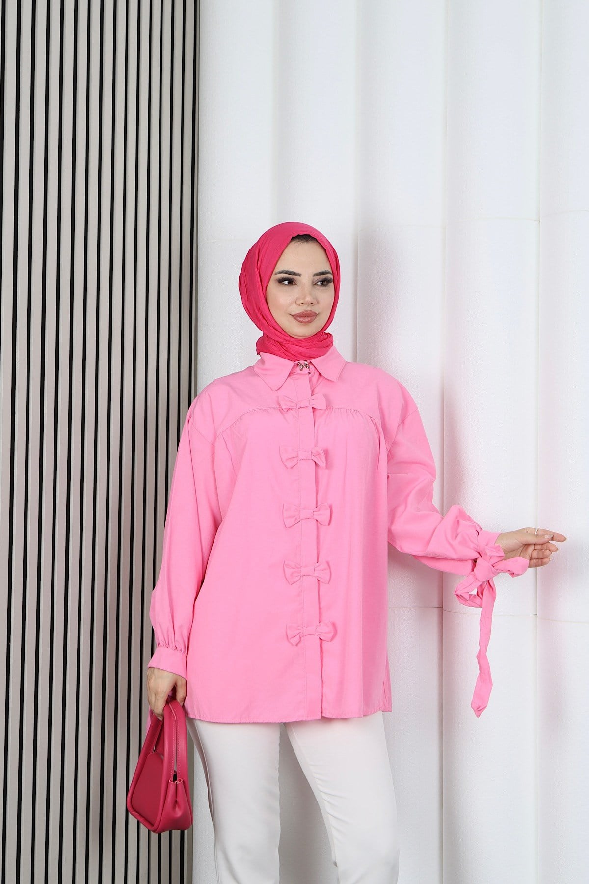 Fiyonk Detaylı Büzgülü Balon Kol Tunik Pembe   HNT2128