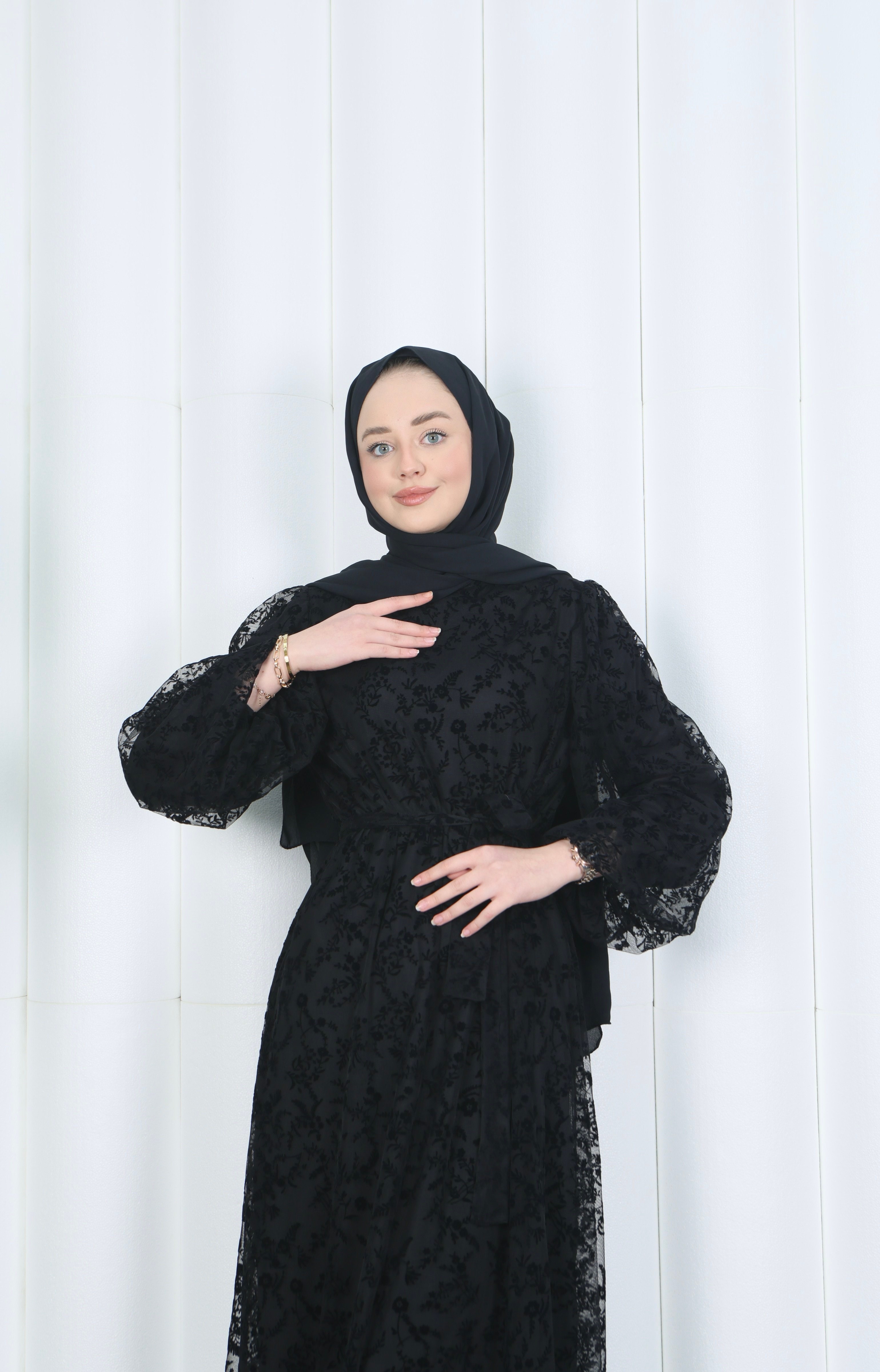 Flok Baskılı Astarlı Kuşaklı Tül Elbise Siyah HNT8565