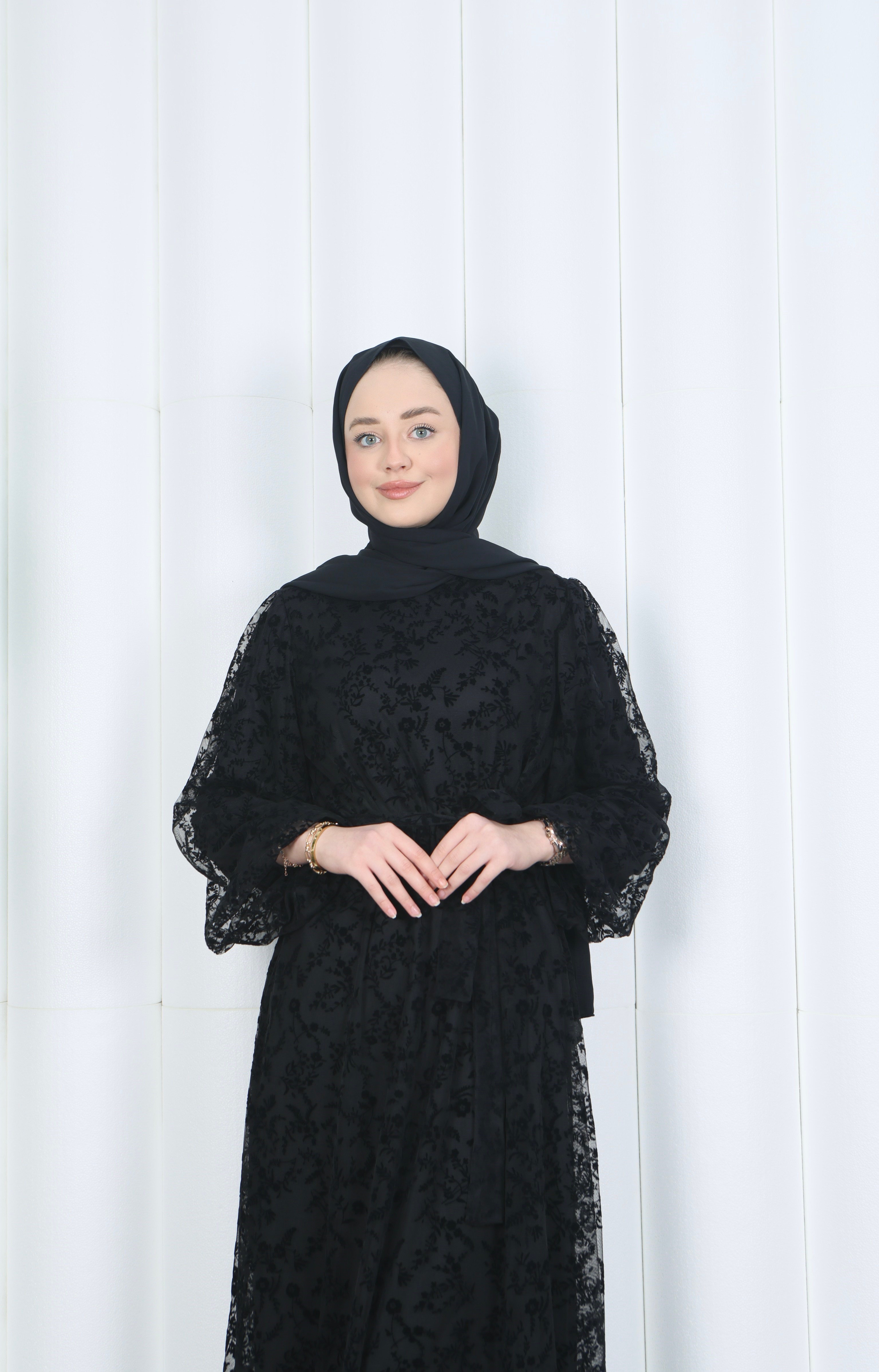 Flok Baskılı Astarlı Kuşaklı Tül Elbise Siyah HNT8565