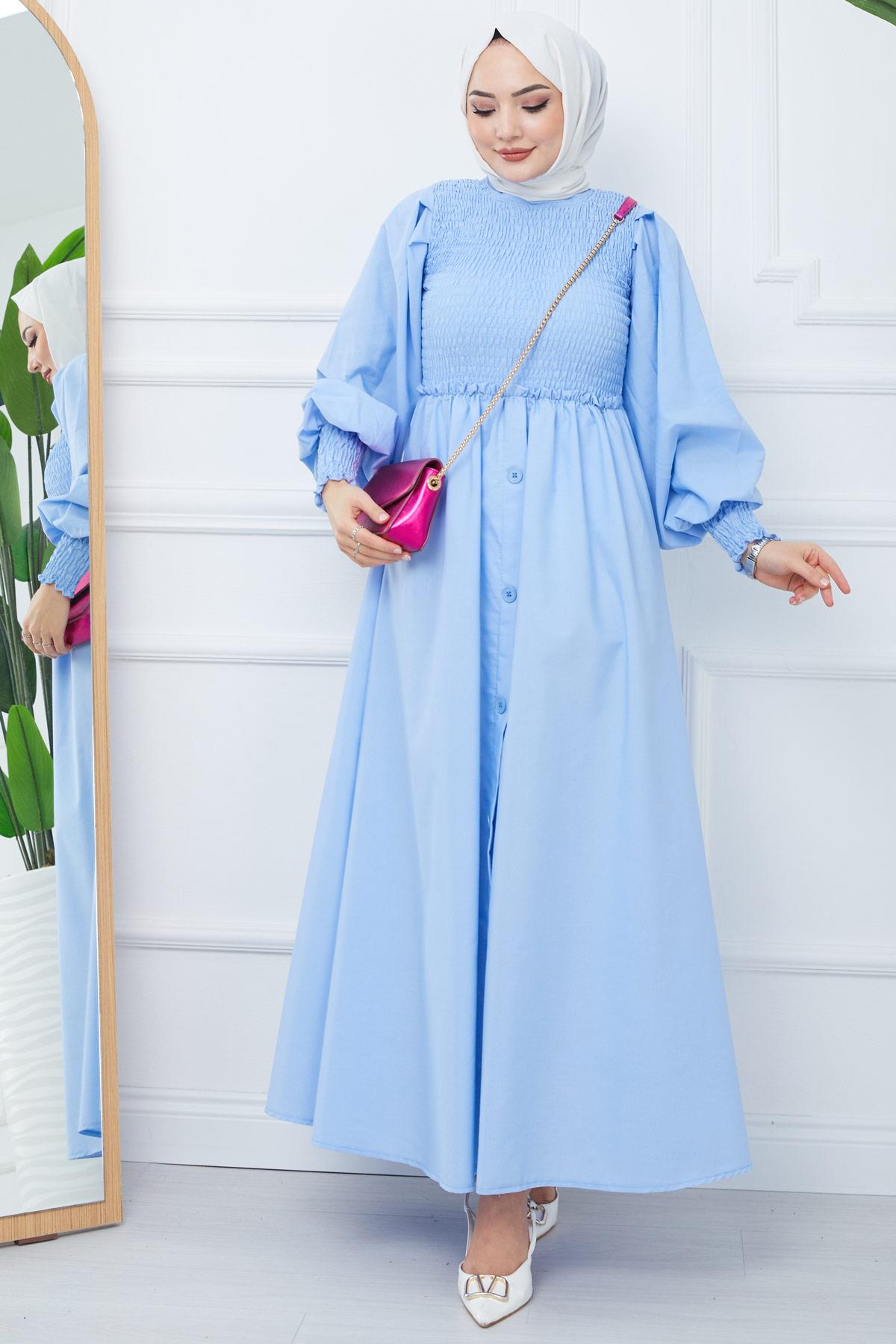 Gipe Detaylı Süs Düğmeli Mevlana Elbise Bebe Mavisi HM2356