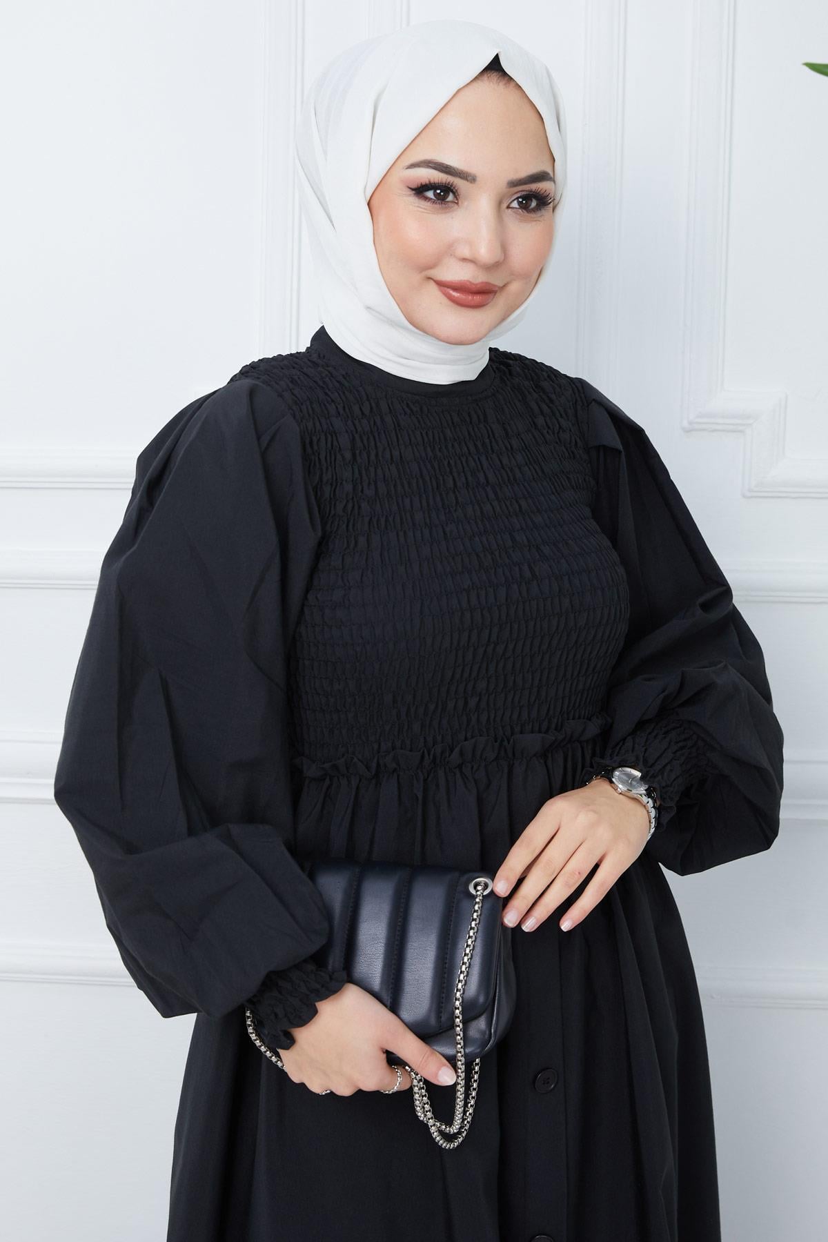 Gipe Detaylı Süs Düğmeli Mevlana Elbise Siyah HM2356