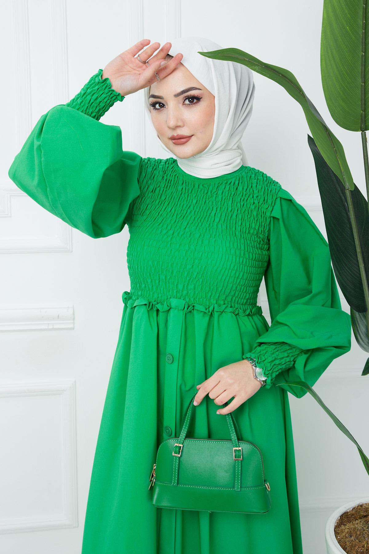 Gipe Detaylı Süs Düğmeli Mevlana Elbise Yeşil HM2356
