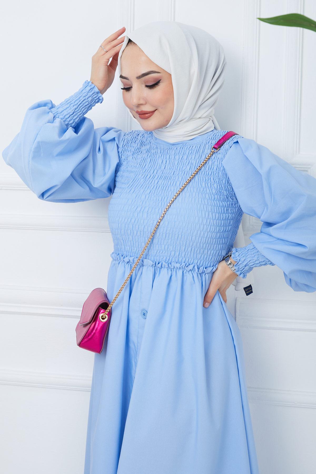 Gipe Detaylı Süs Düğmeli Mevlana Elbise Bebe Mavisi HM2356