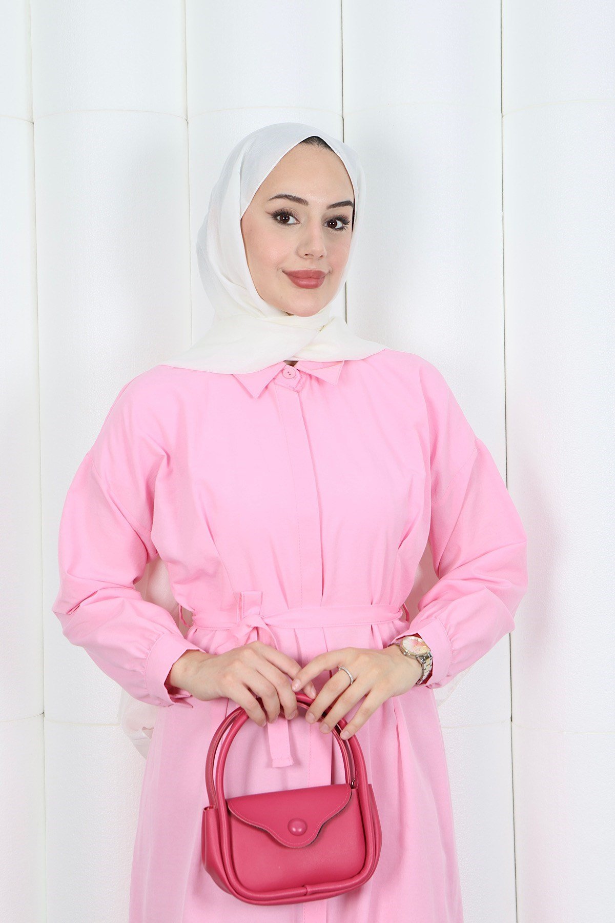 Gizli Pat Düğmeli Kuşaklı Terikoton Elbise HNT0316 Pembe