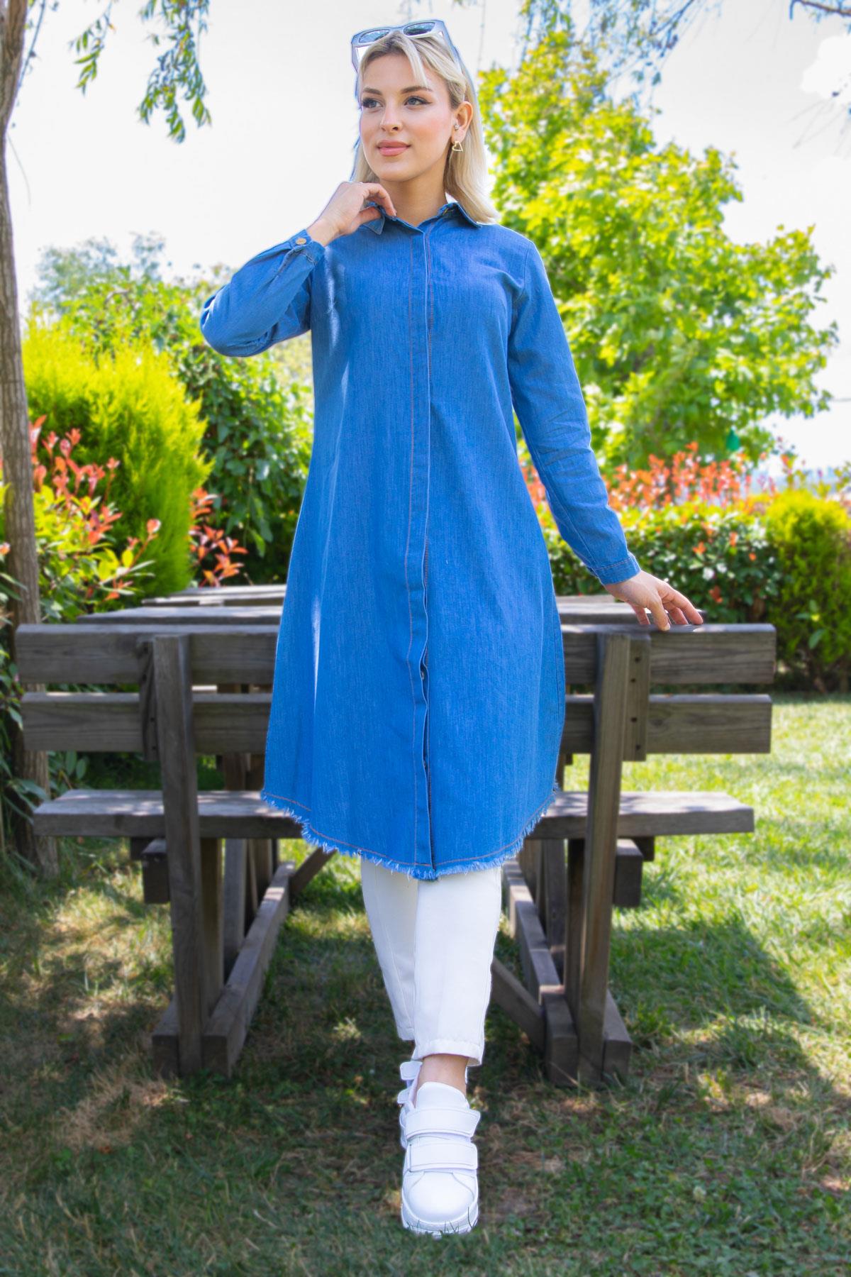 Gizli Patlı Püsküllü Denim Tunik Açık Mavi