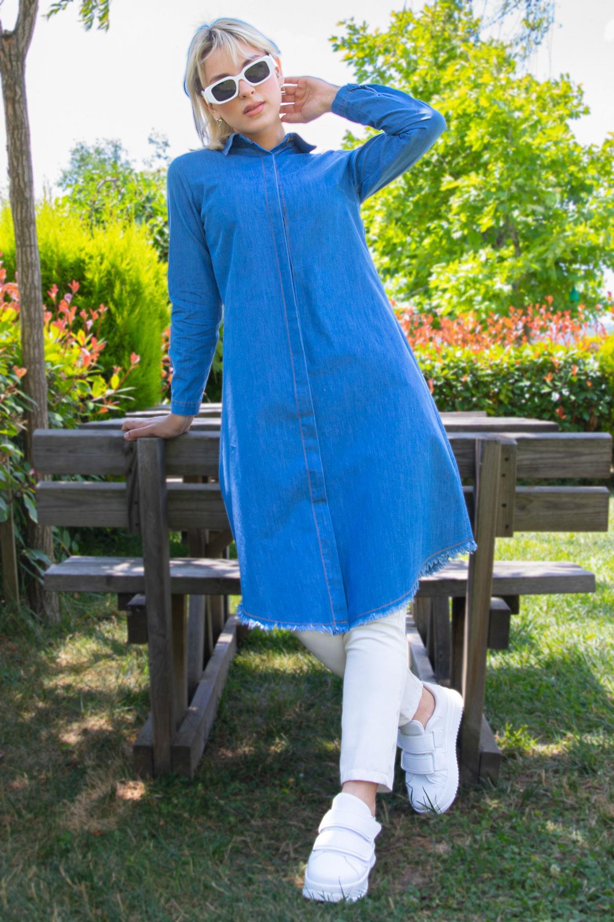 Gizli Patlı Püsküllü Denim Tunik Açık Mavi
