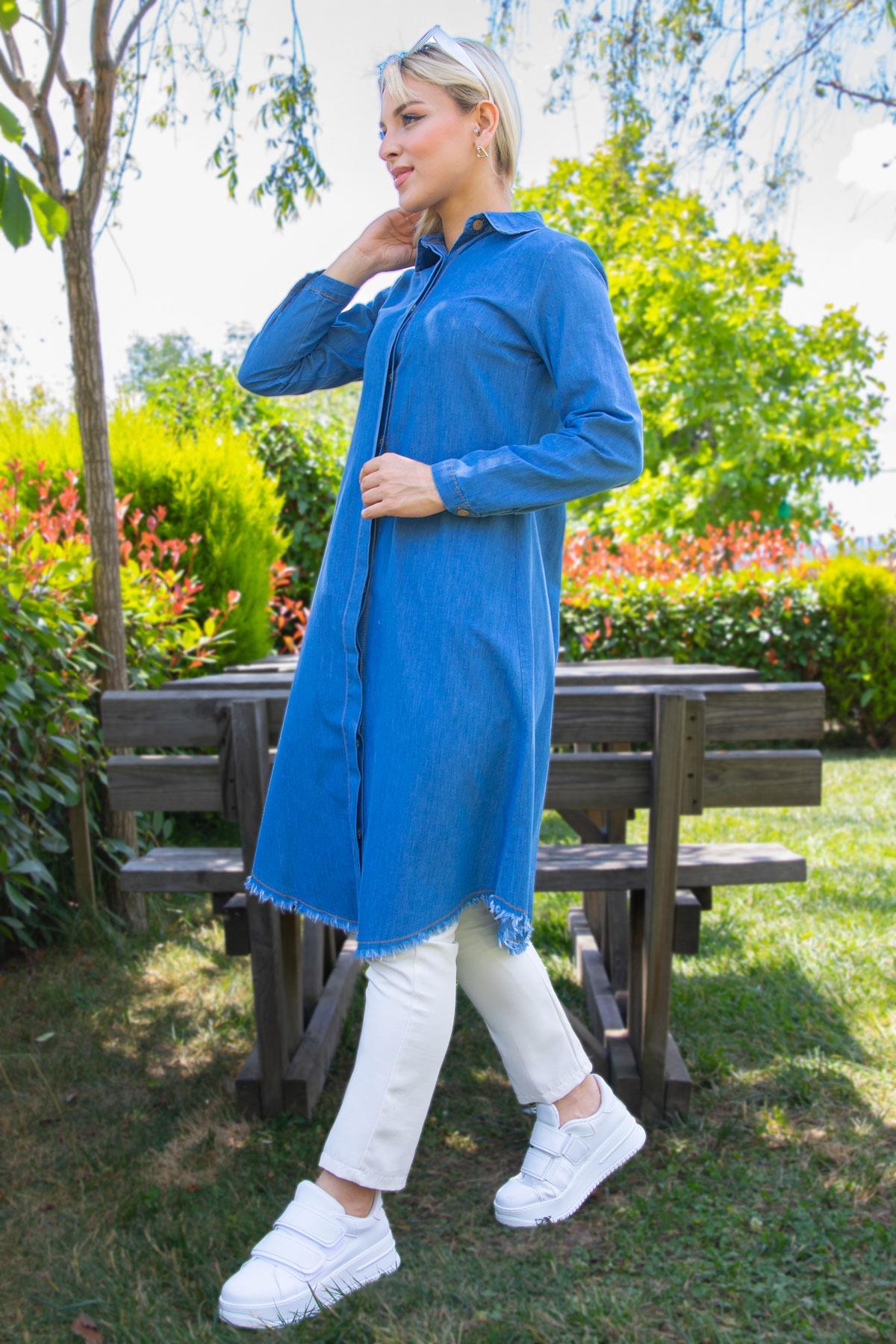 Gizli Patlı Püsküllü Denim Tunik Açık Mavi