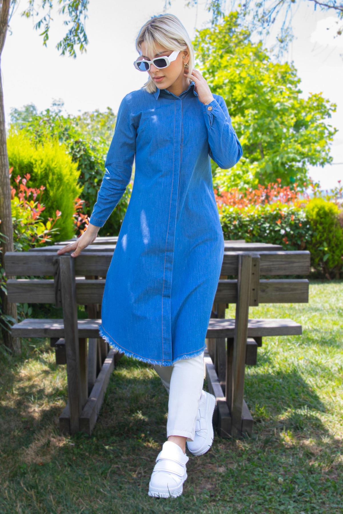 Gizli Patlı Püsküllü Denim Tunik Açık Mavi