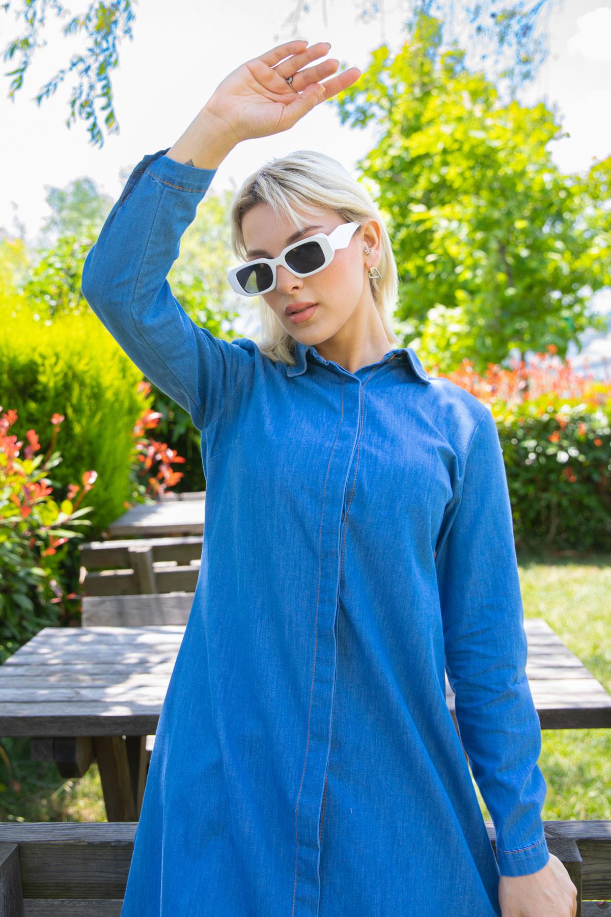 Gizli Patlı Püsküllü Denim Tunik Açık Mavi