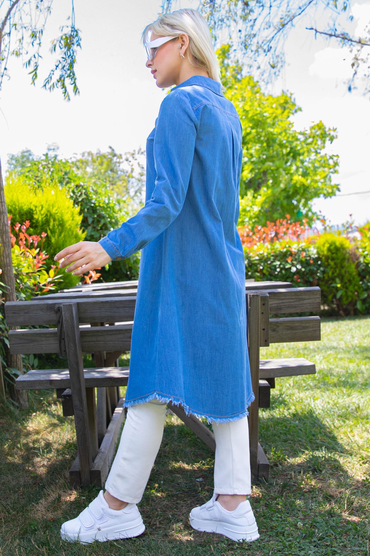 Gizli Patlı Püsküllü Denim Tunik Açık Mavi