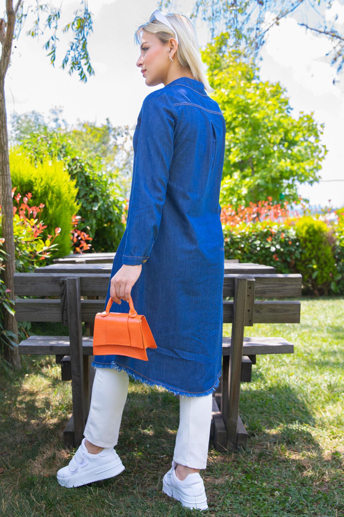 Gizli Patlı Püsküllü Denim Tunik Koyu Mavi