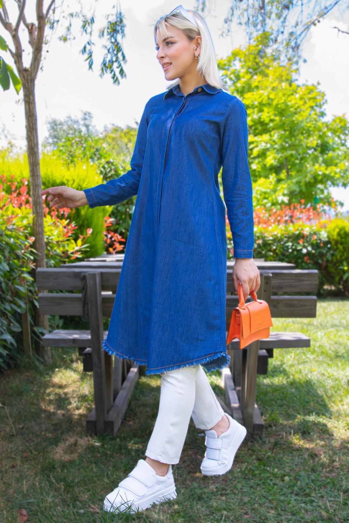Gizli Patlı Püsküllü Denim Tunik Koyu Mavi